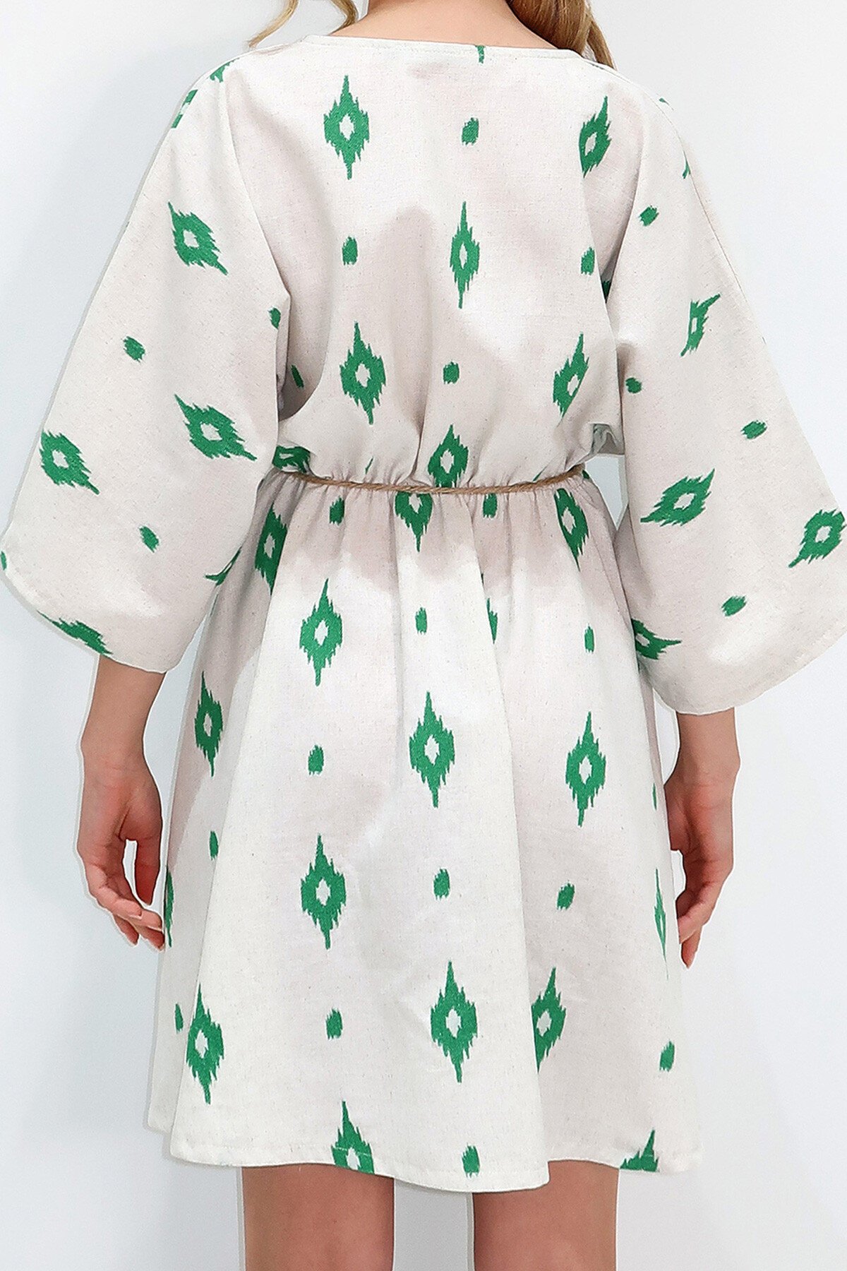 Yeşil Kruvaze Yaka Yarasa Kol Keten Görünümlü Midi Boy Elbise