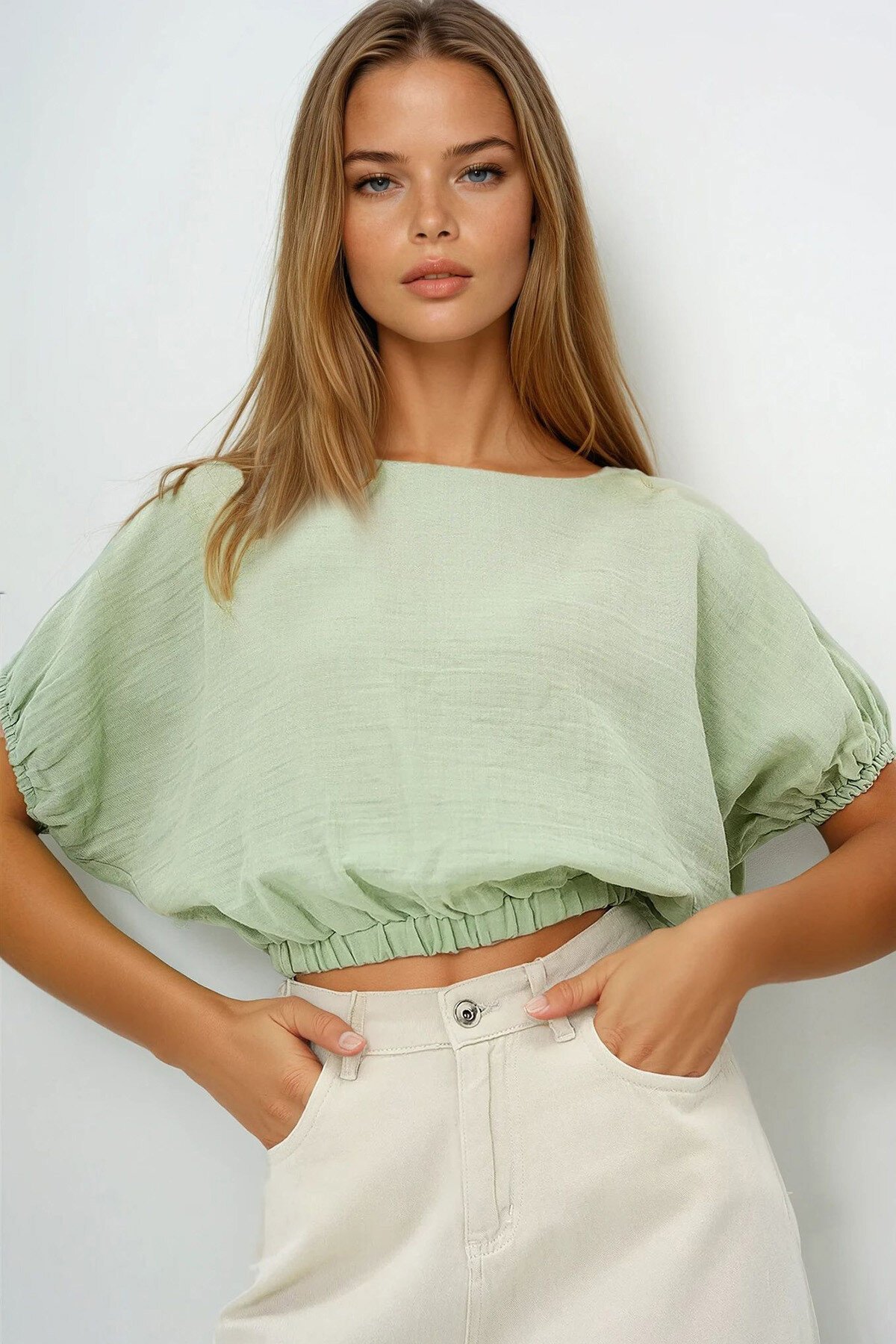 Yeşil Müslin Kumaş Kayık Yaka Dokuma Crop Bluz