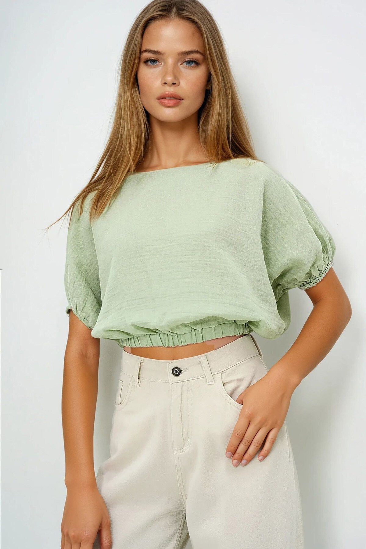 Yeşil Müslin Kumaş Kayık Yaka Dokuma Crop Bluz