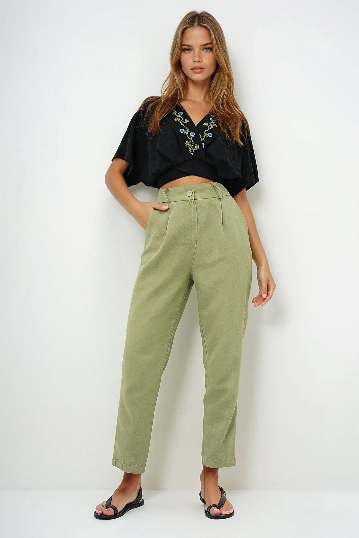 Yeşil Soluk Efektli Çift Cepli Havuç Pantolon