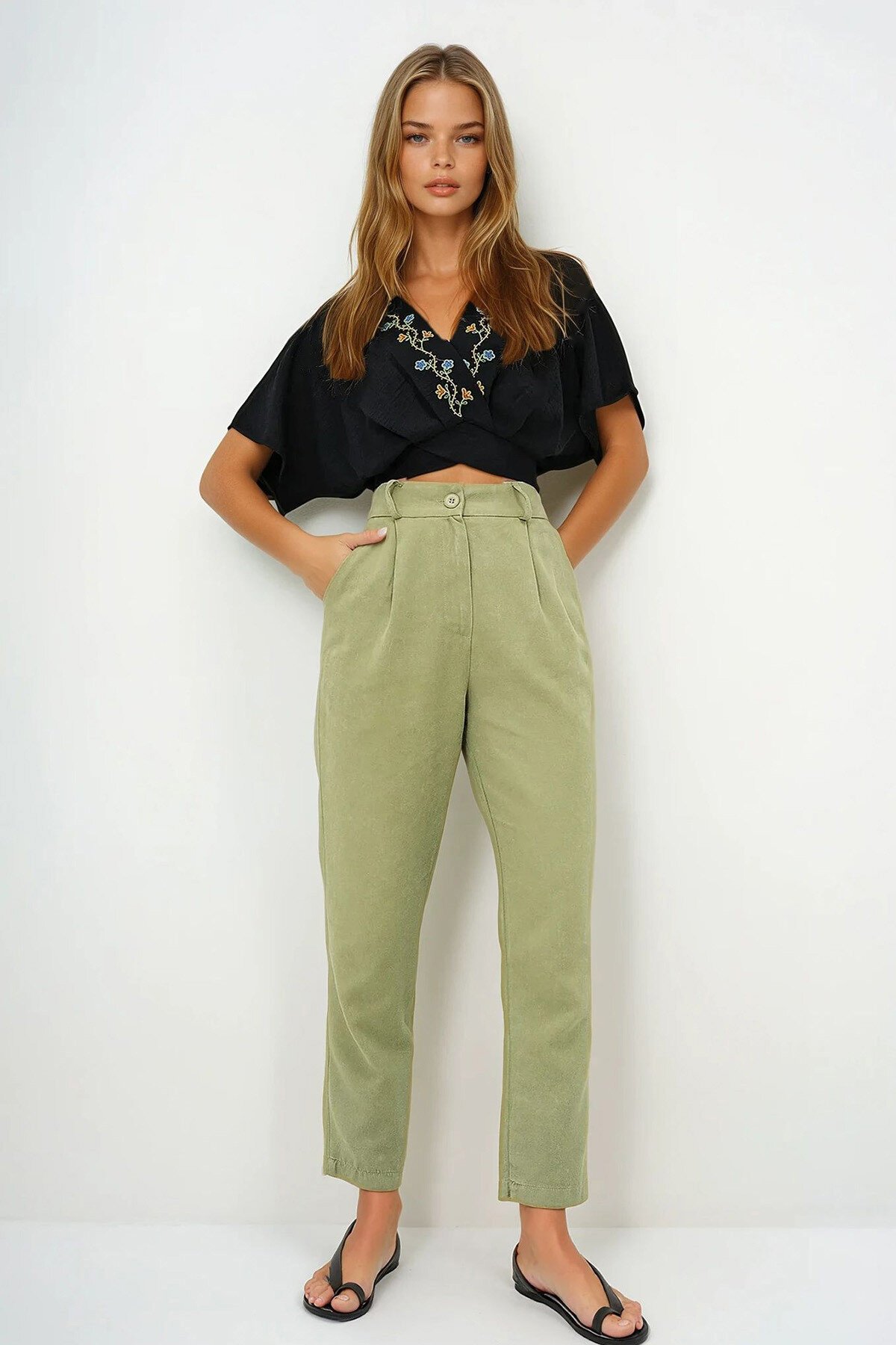 Yeşil Soluk Efektli Çift Cepli Havuç Pantolon