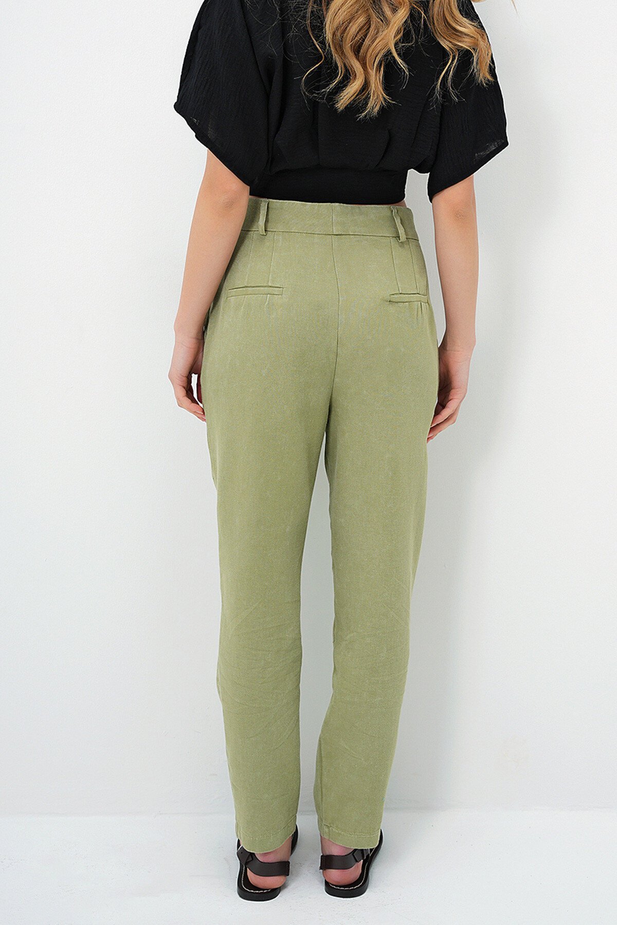 Yeşil Soluk Efektli Çift Cepli Havuç Pantolon