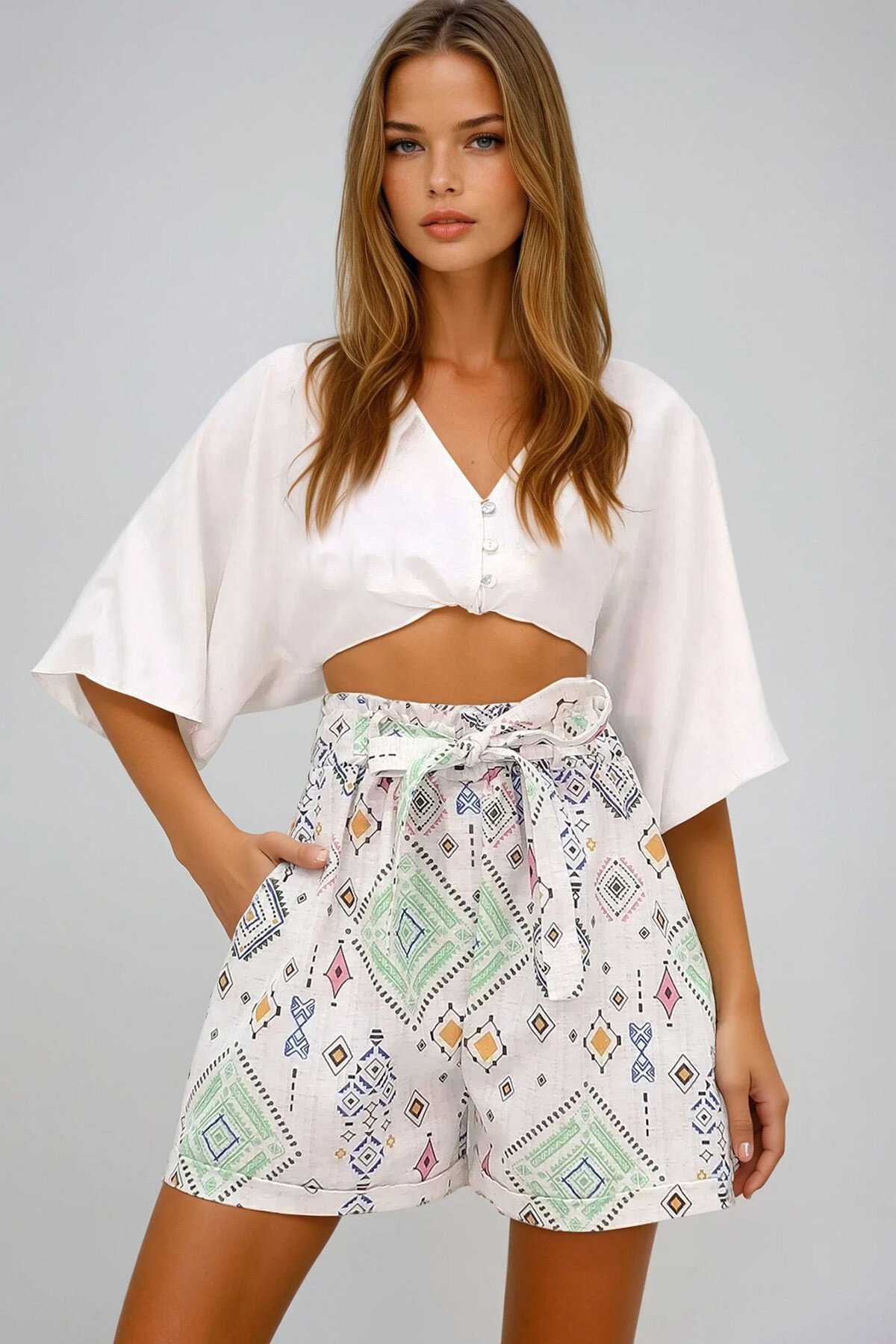 Yeşil Yüksek Bel Etnik Desenli Duble Paça Keten Şort