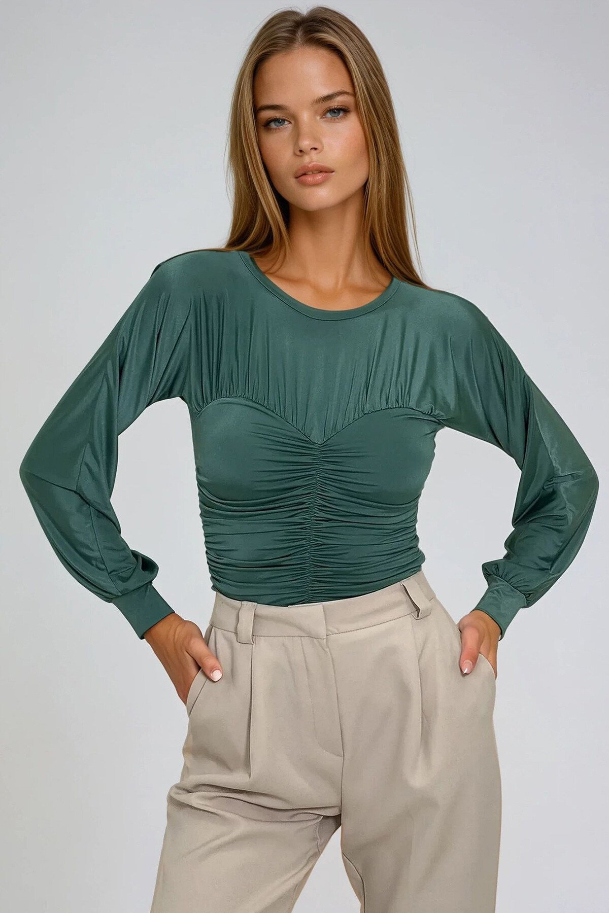 Zümrüt Yeşili Bisiklet Yaka Önü Drapeli Sandy Bluz