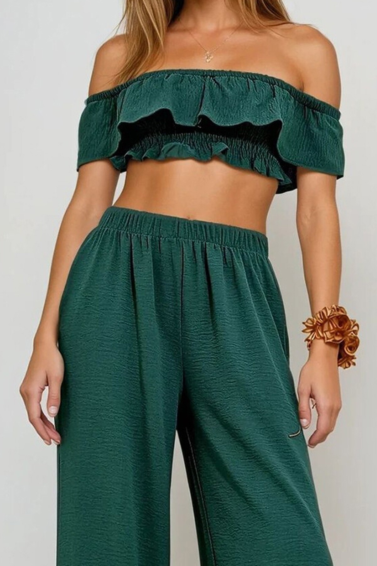 Zümrüt Yeşili Madonna Yaka Gipeli Crop Bluz Ve Palazzo Pantolon Dokuma Alt Üst Takım