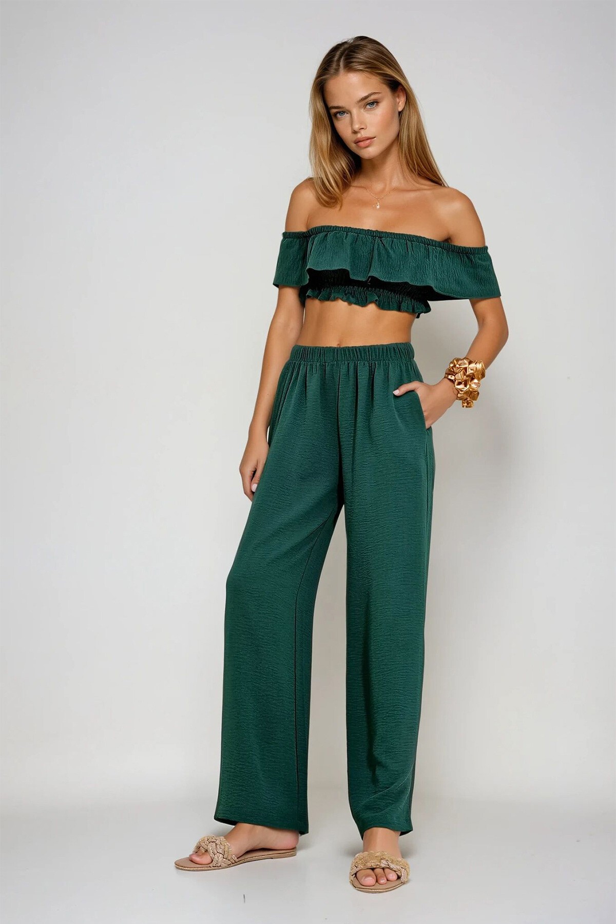 Zümrüt Yeşili Madonna Yaka Gipeli Crop Bluz Ve Palazzo Pantolon Dokuma Alt Üst Takım