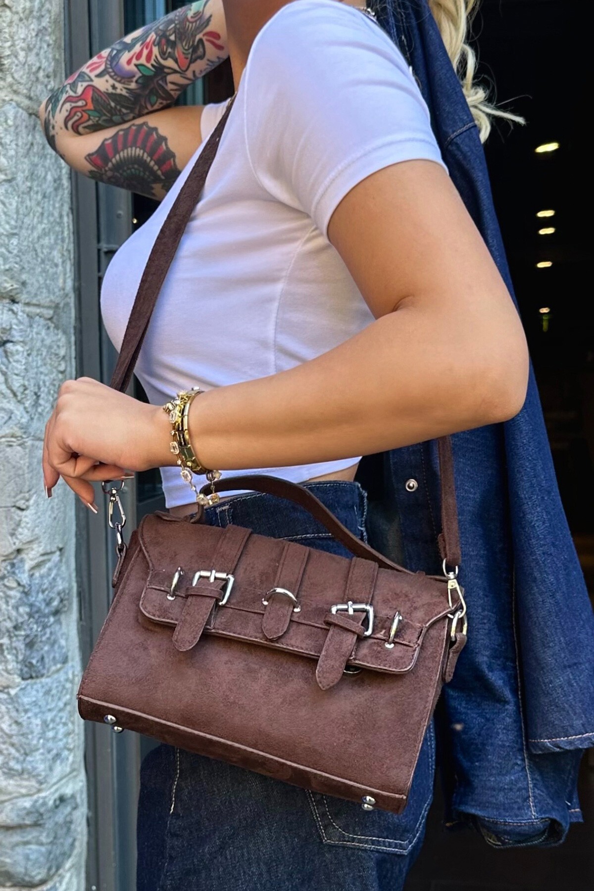 Acı Kahve Kemer Detaylı Omuz Çantası