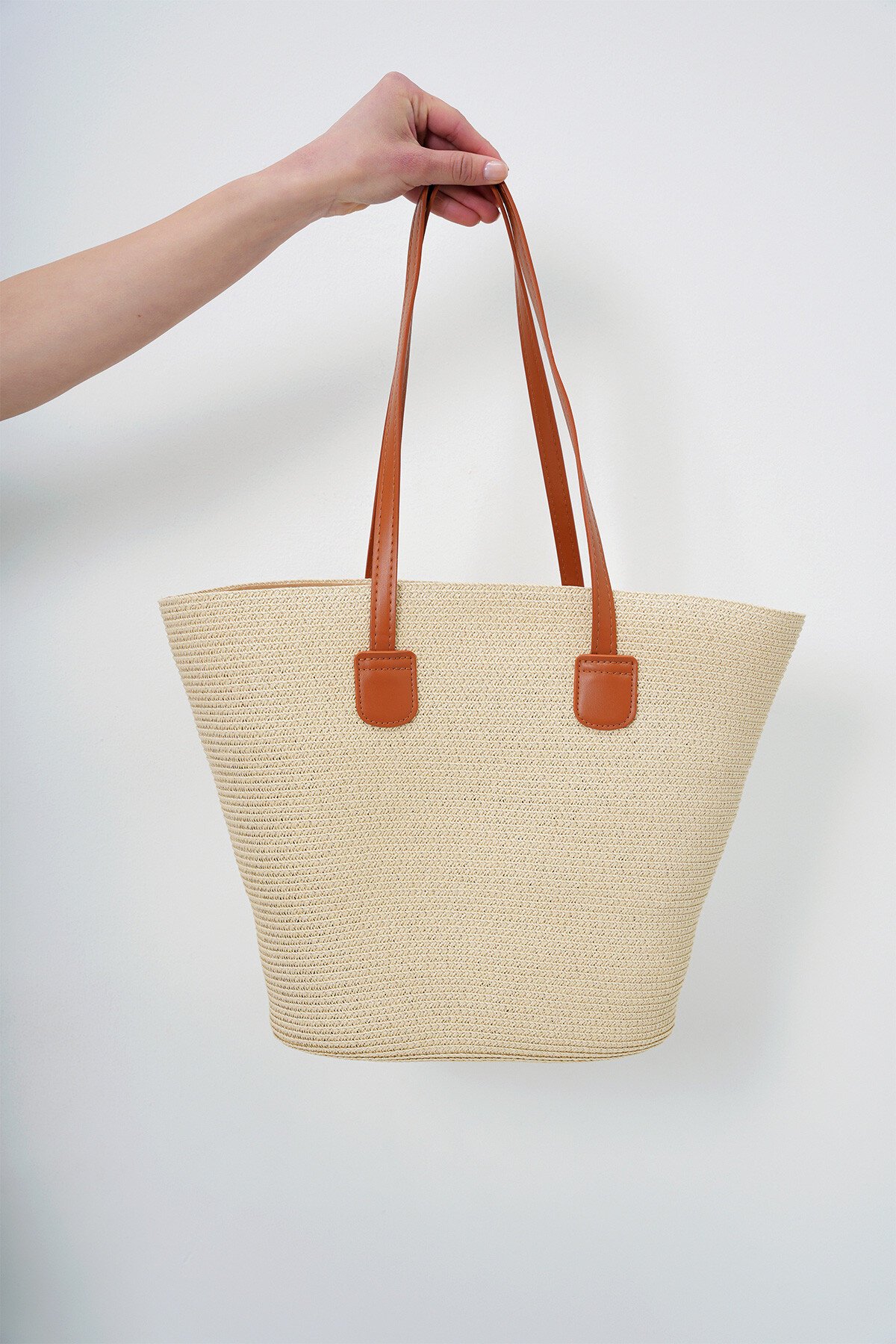 Açık Bej Deri Kordonlu Hasır Büyük Boy Plaj Çantası