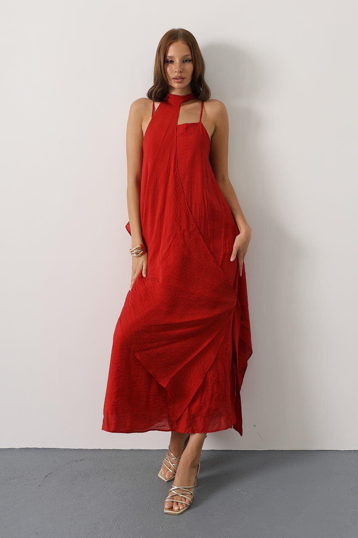 Kırmızı Asimetrik Bağlamalı Çıkarılabilir Yaka Uzun Bohem Elbise