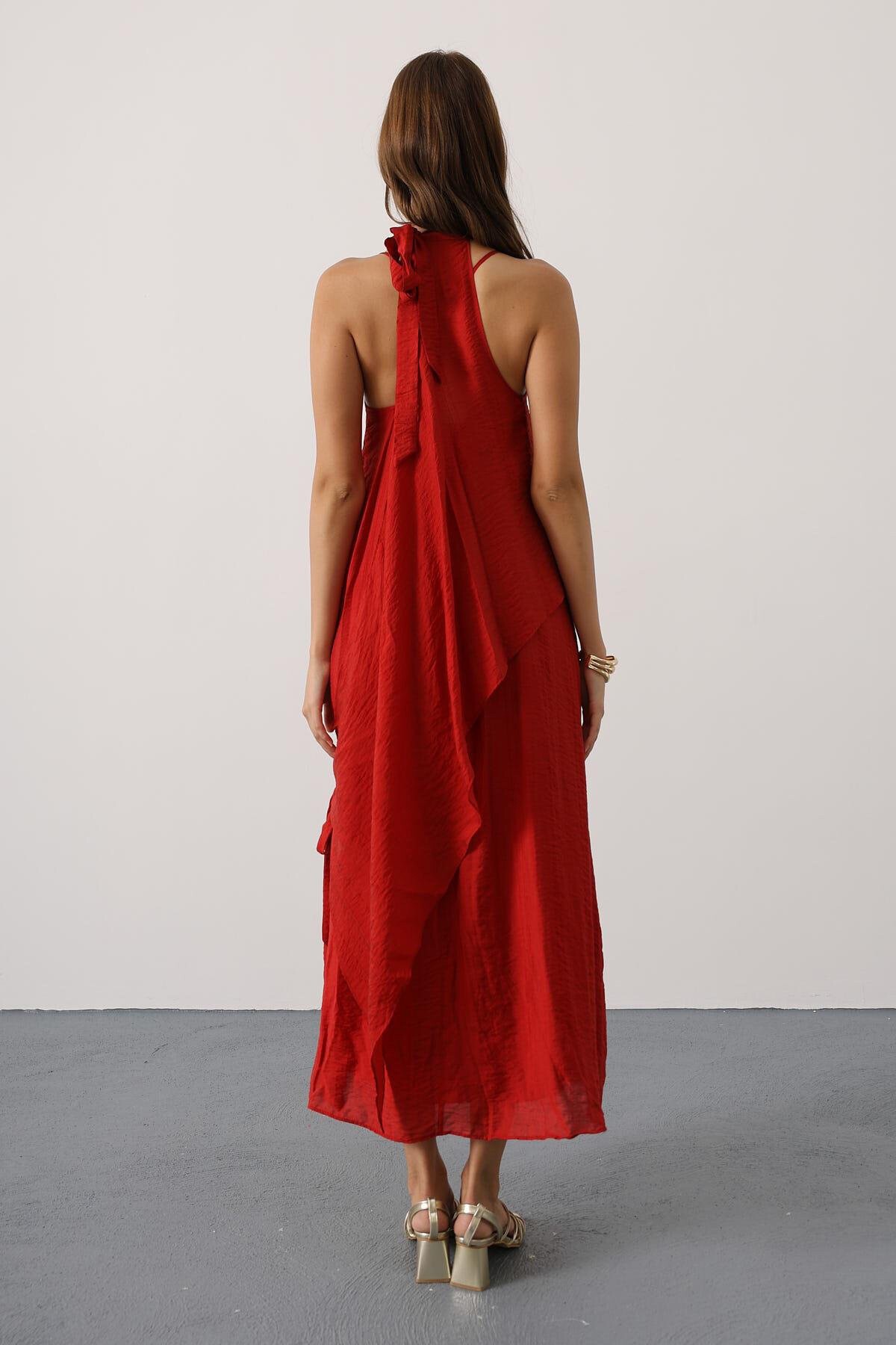 Kırmızı Asimetrik Bağlamalı Çıkarılabilir Yaka Uzun Bohem Elbise