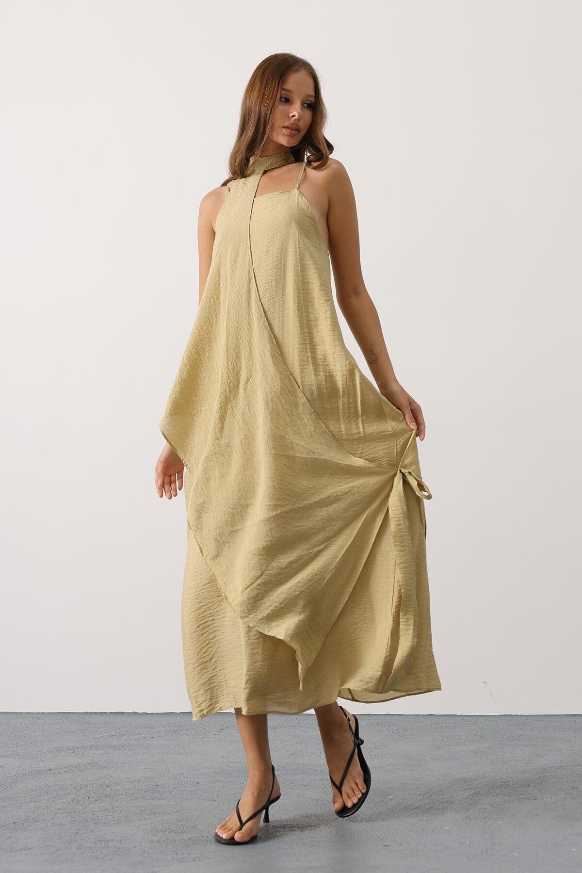 Yağ Yeşili Asimetrik Bağlamalı Çıkarılabilir Yaka Uzun Bohem Elbise