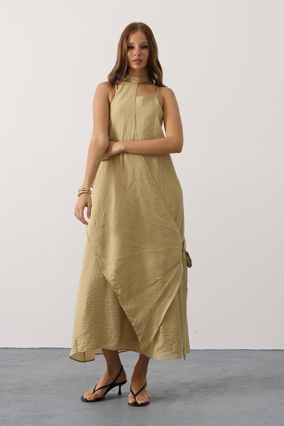 Yağ Yeşili Asimetrik Bağlamalı Çıkarılabilir Yaka Uzun Bohem Elbise