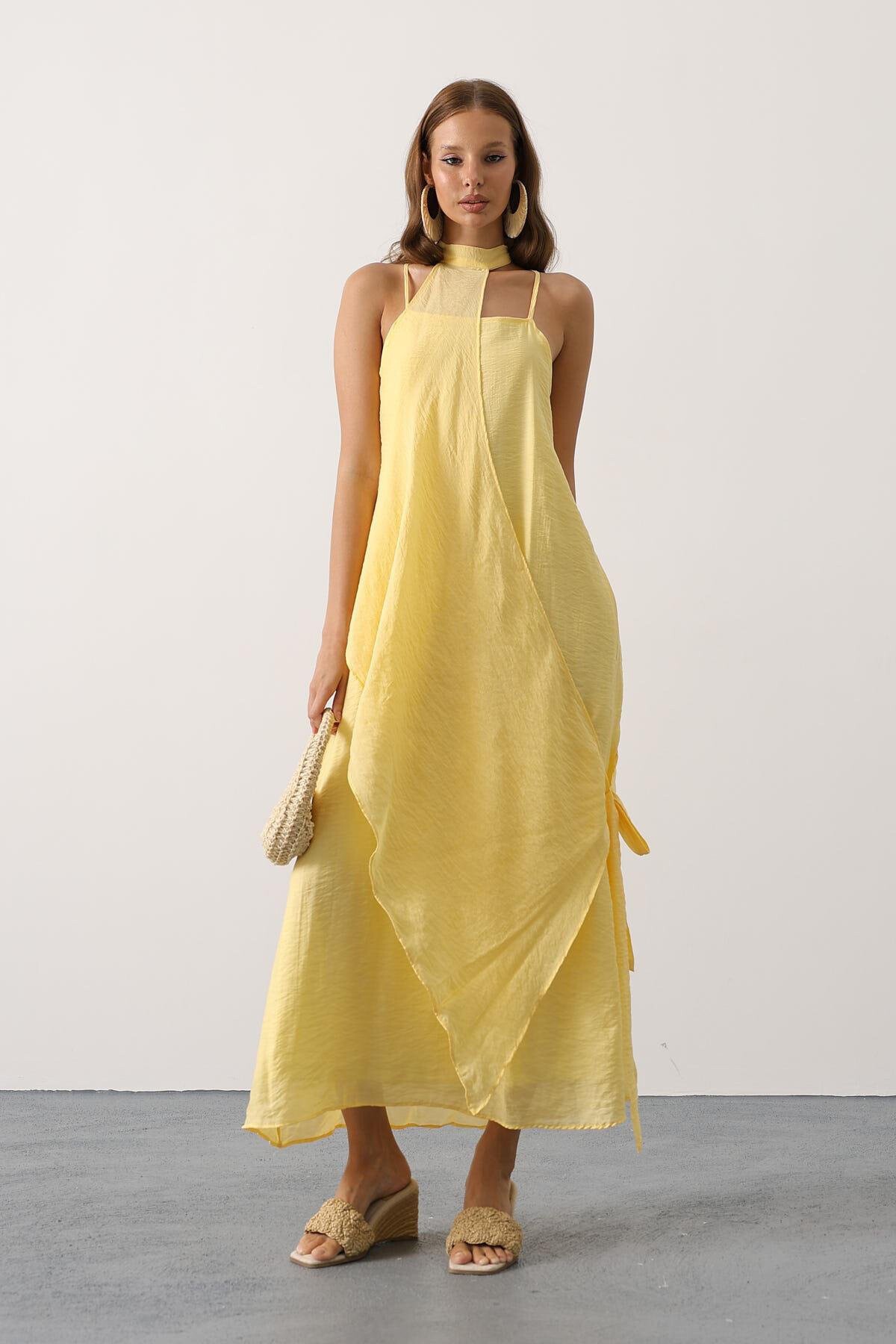 Sarı Asimetrik Bağlamalı Çıkarılabilir Yaka Uzun Bohem Elbise