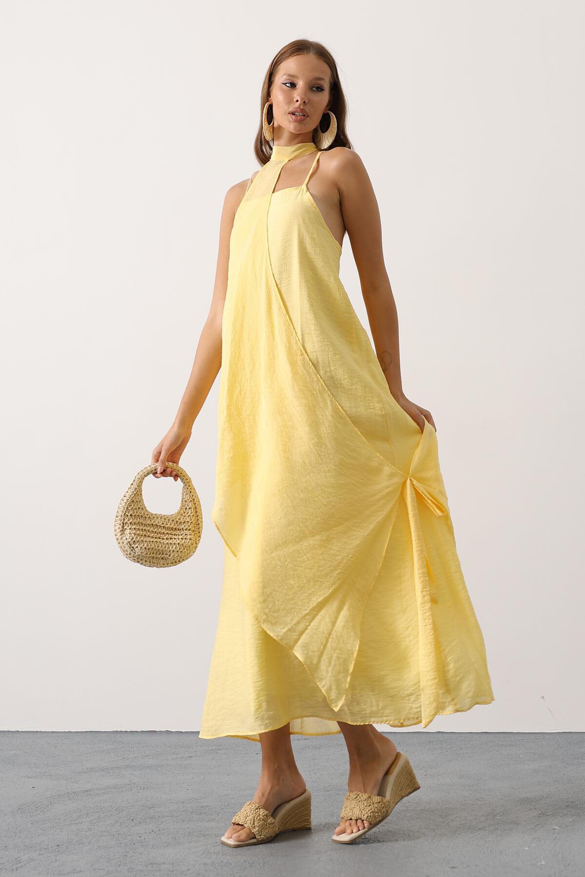 Sarı Asimetrik Bağlamalı Çıkarılabilir Yaka Uzun Bohem Elbise