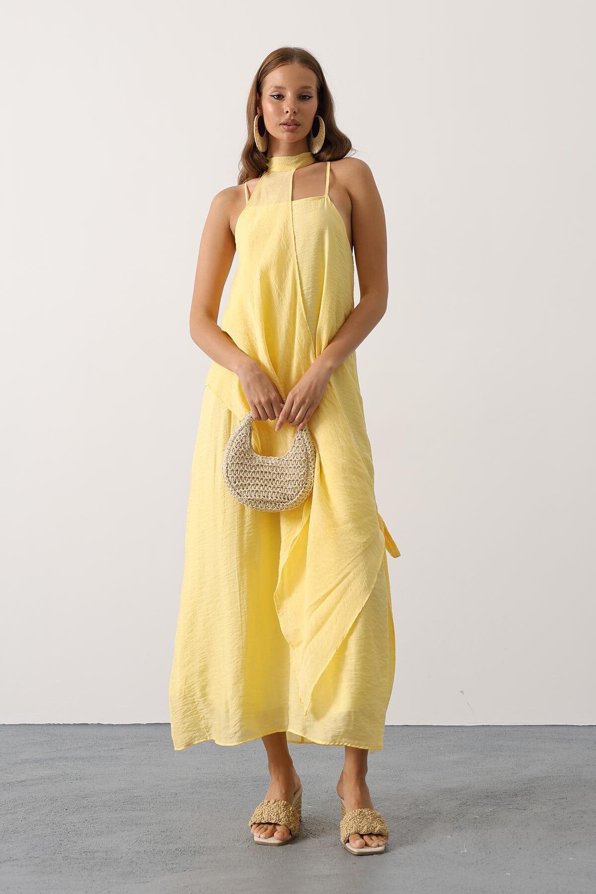 Sarı Asimetrik Bağlamalı Çıkarılabilir Yaka Uzun Bohem Elbise