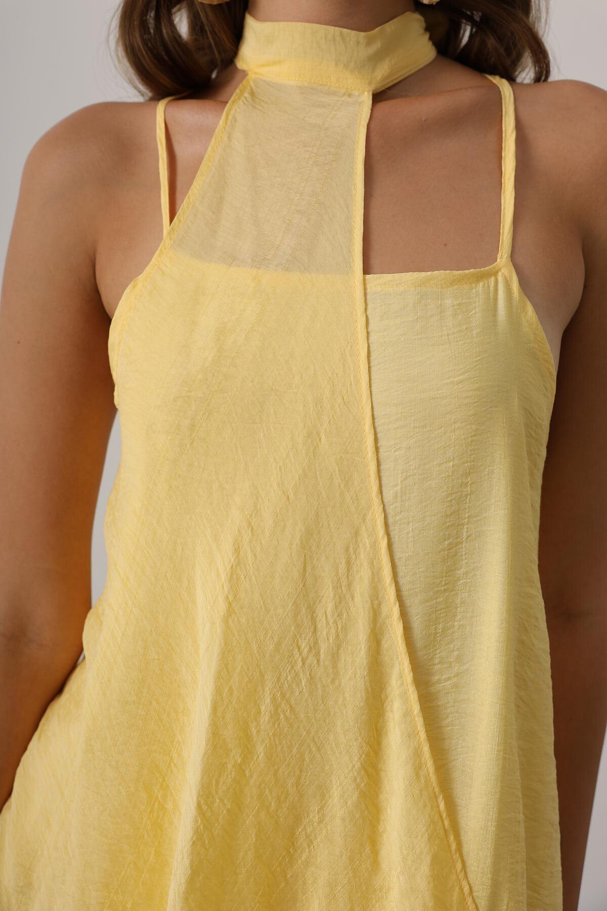 Sarı Asimetrik Bağlamalı Çıkarılabilir Yaka Uzun Bohem Elbise