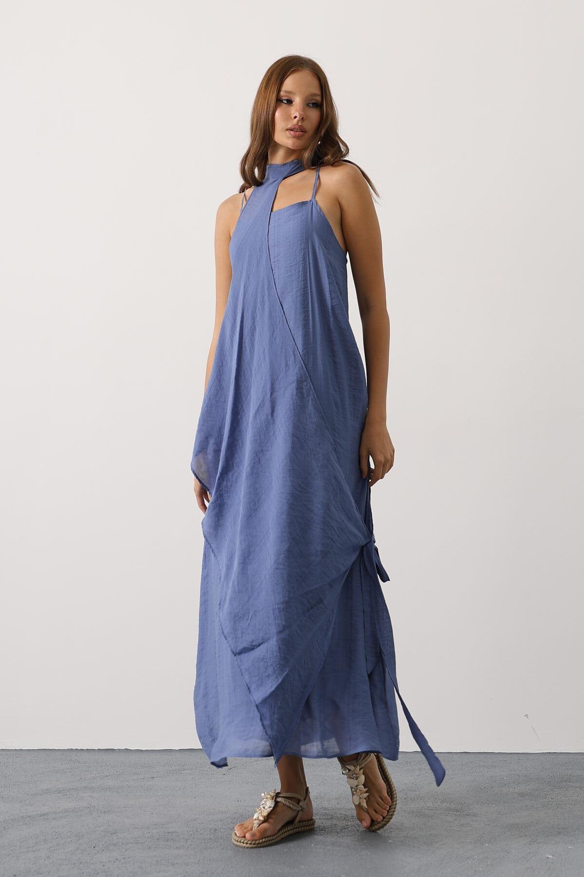 İndigo Asimetrik Bağlamalı Çıkarılabilir Yaka Uzun Bohem Elbise