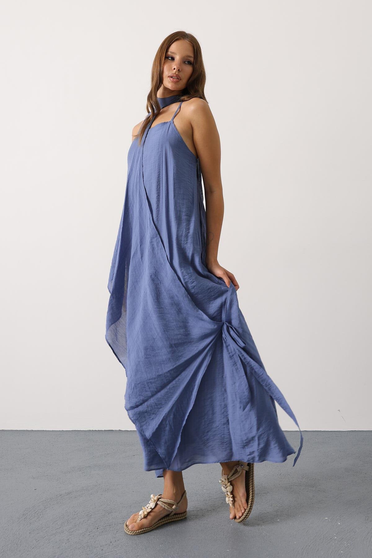 İndigo Asimetrik Bağlamalı Çıkarılabilir Yaka Uzun Bohem Elbise
