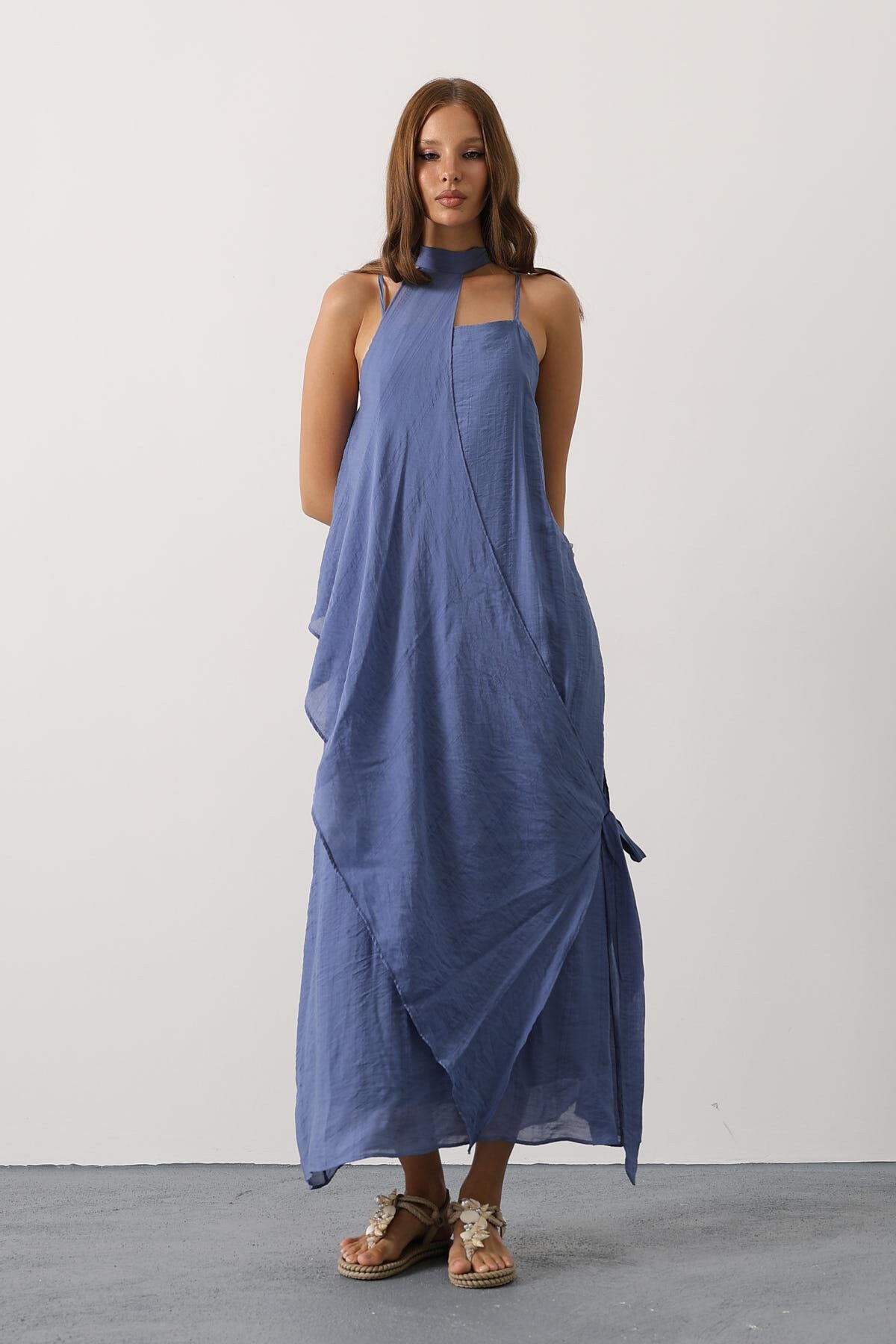 İndigo Asimetrik Bağlamalı Çıkarılabilir Yaka Uzun Bohem Elbise