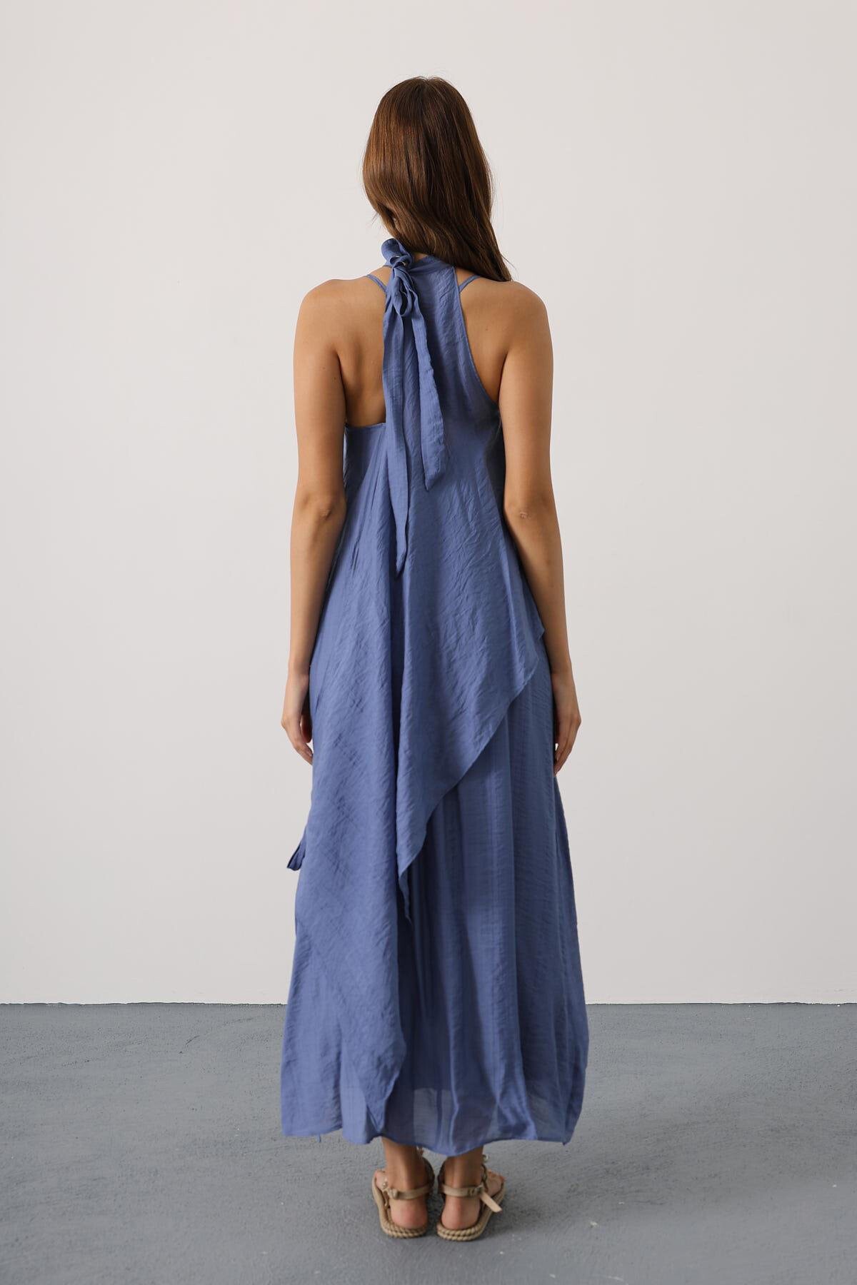 İndigo Asimetrik Bağlamalı Çıkarılabilir Yaka Uzun Bohem Elbise