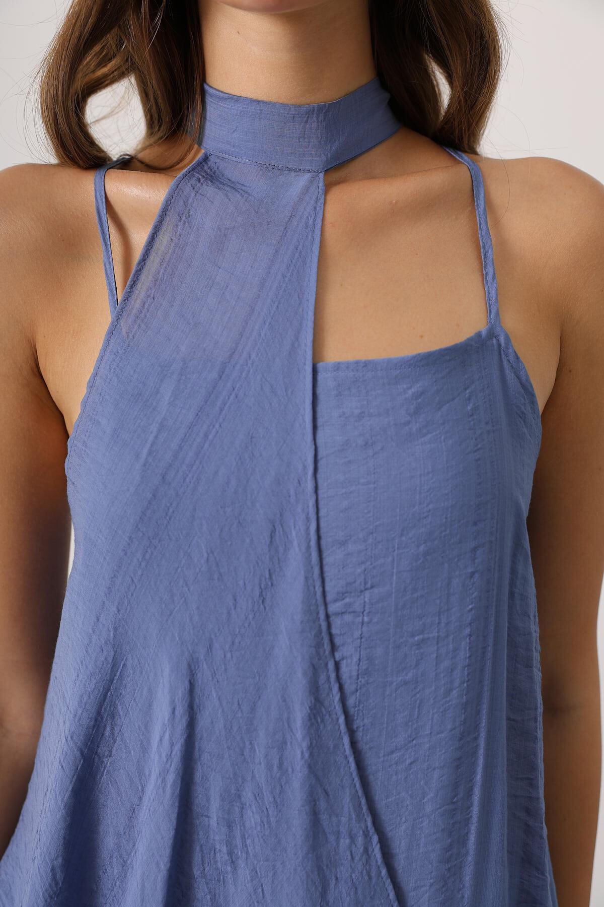 İndigo Asimetrik Bağlamalı Çıkarılabilir Yaka Uzun Bohem Elbise