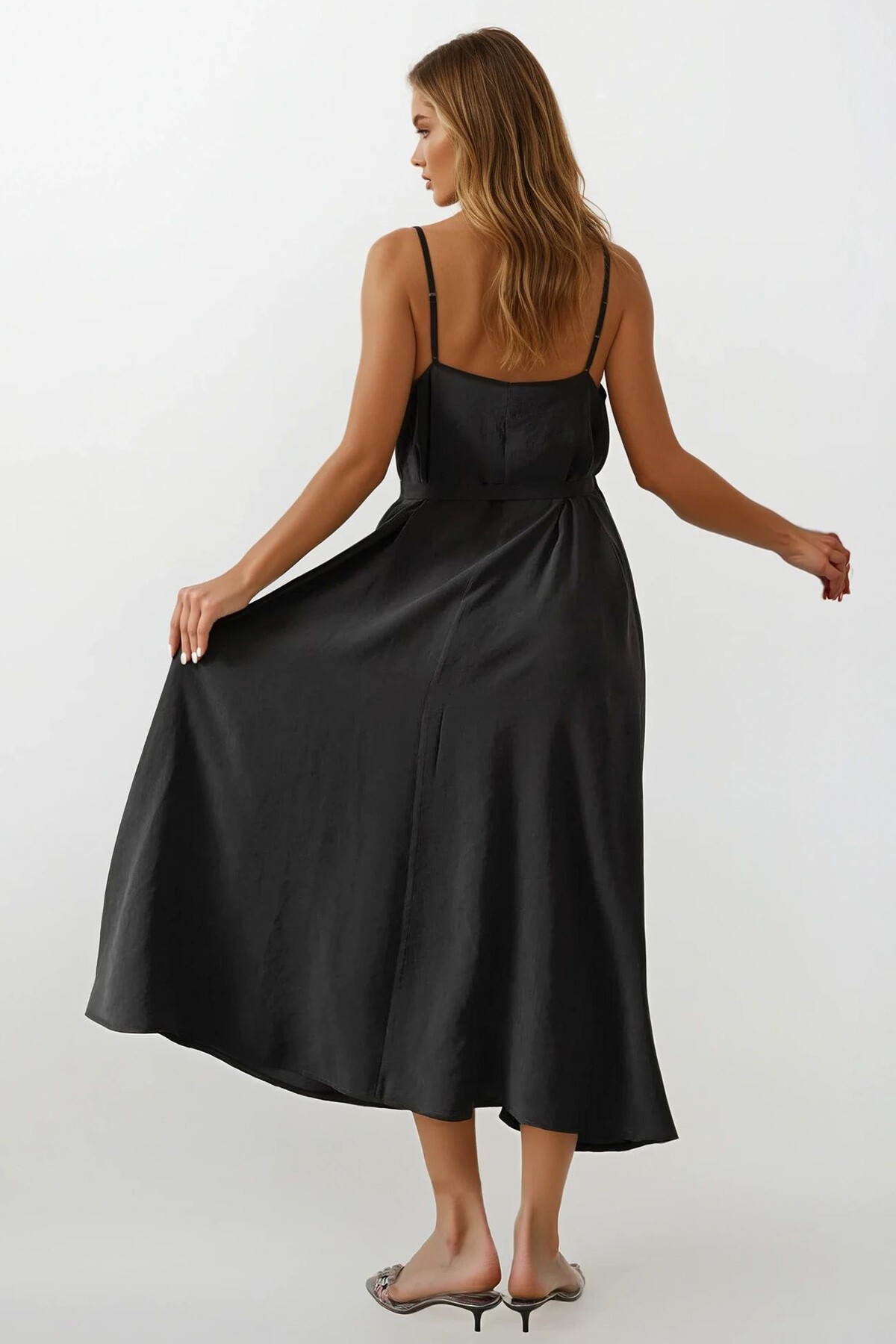 Koyu Antrasit İnce İp Askılı Kuşaklı Midi Boy Elbise