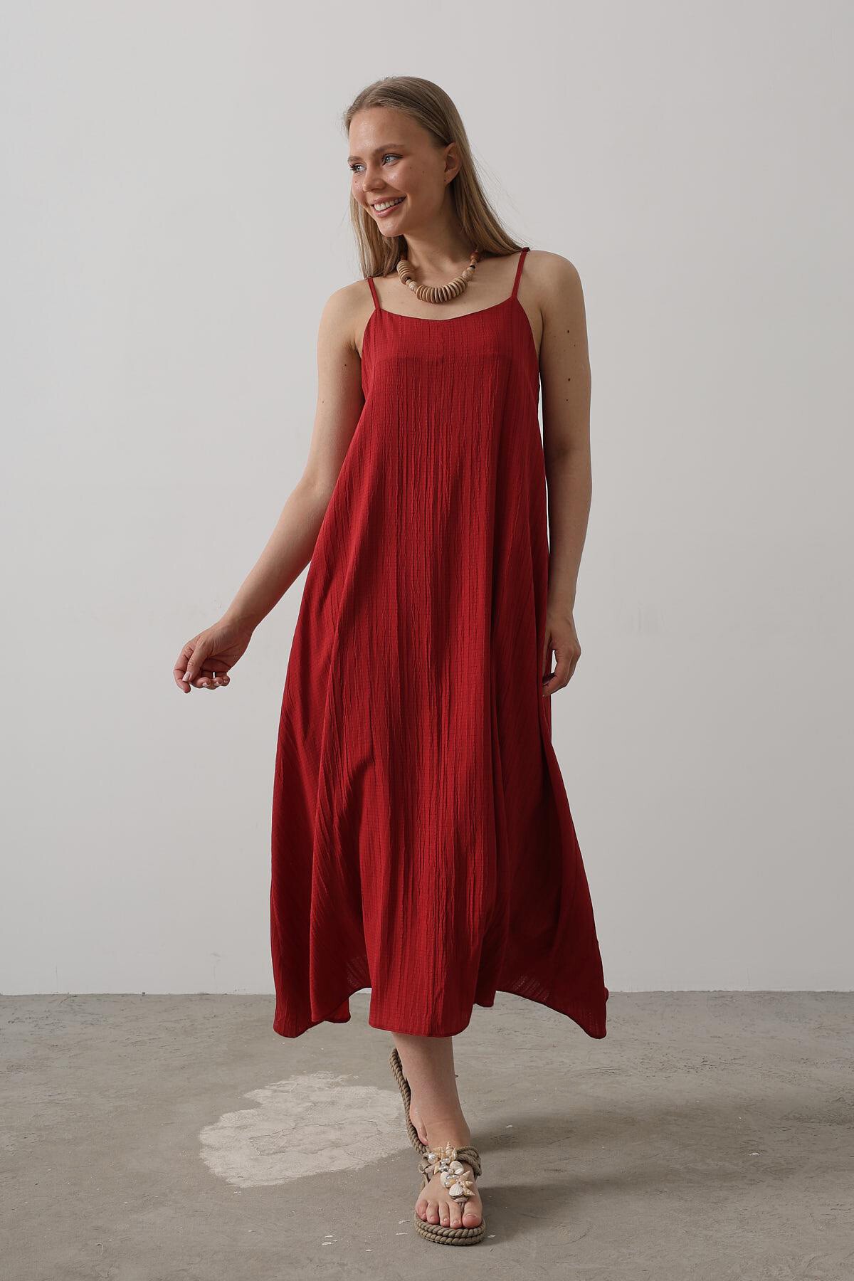 Bordo İnce Askılı Midi Boy Elbise