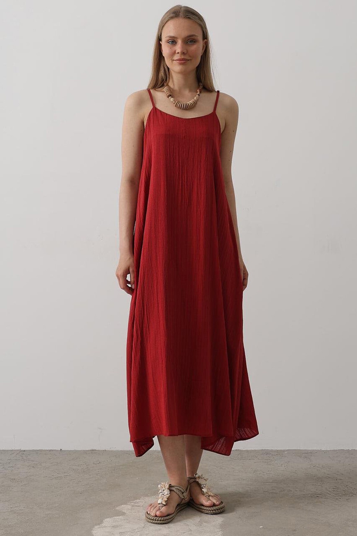 Bordo İnce Askılı Midi Boy Elbise