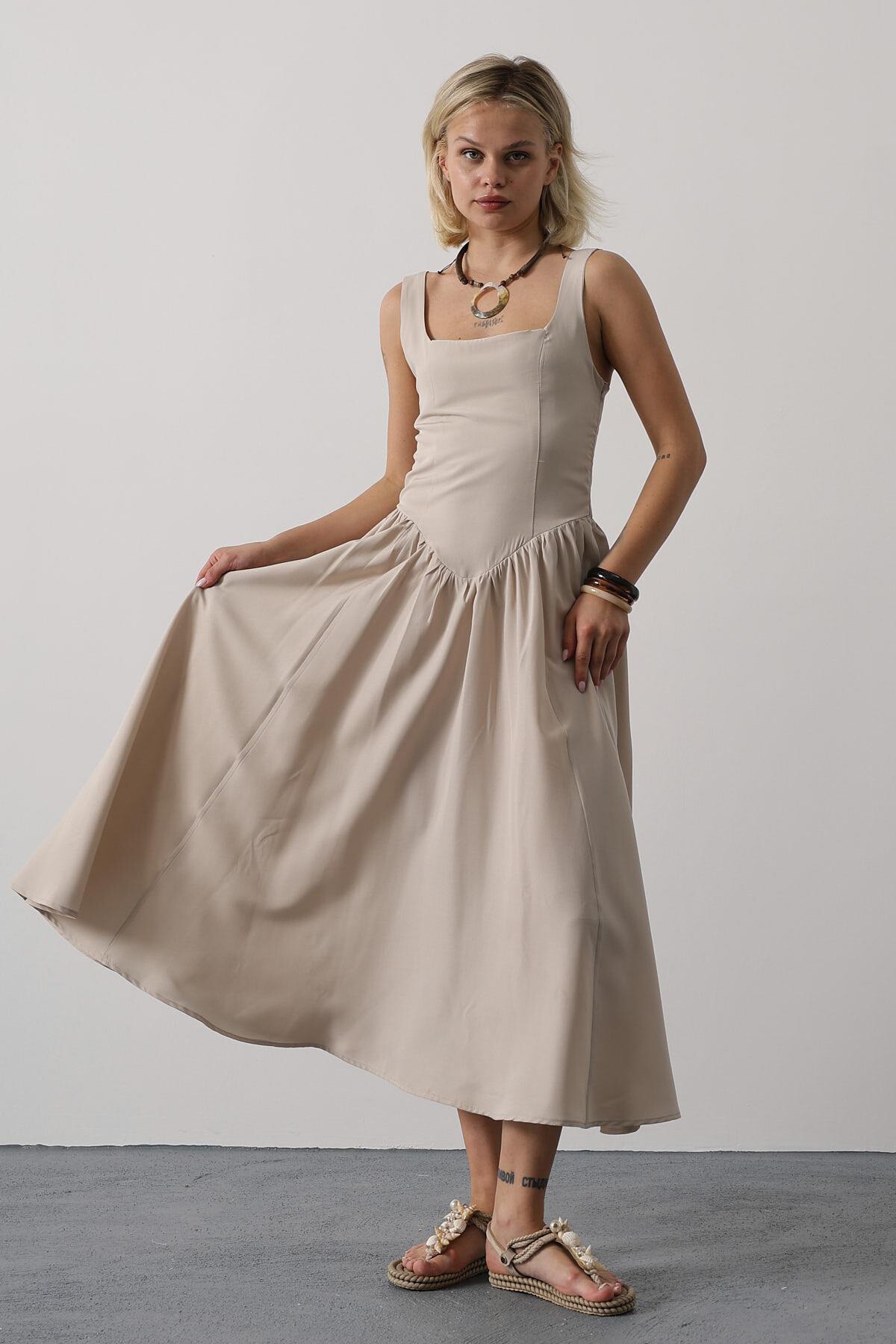 Taş Askılı Eteği Pileli Maxi Boy Elbise