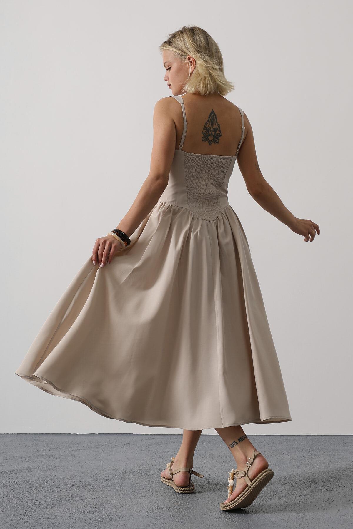 Taş Askılı Eteği Pileli Maxi Boy Elbise