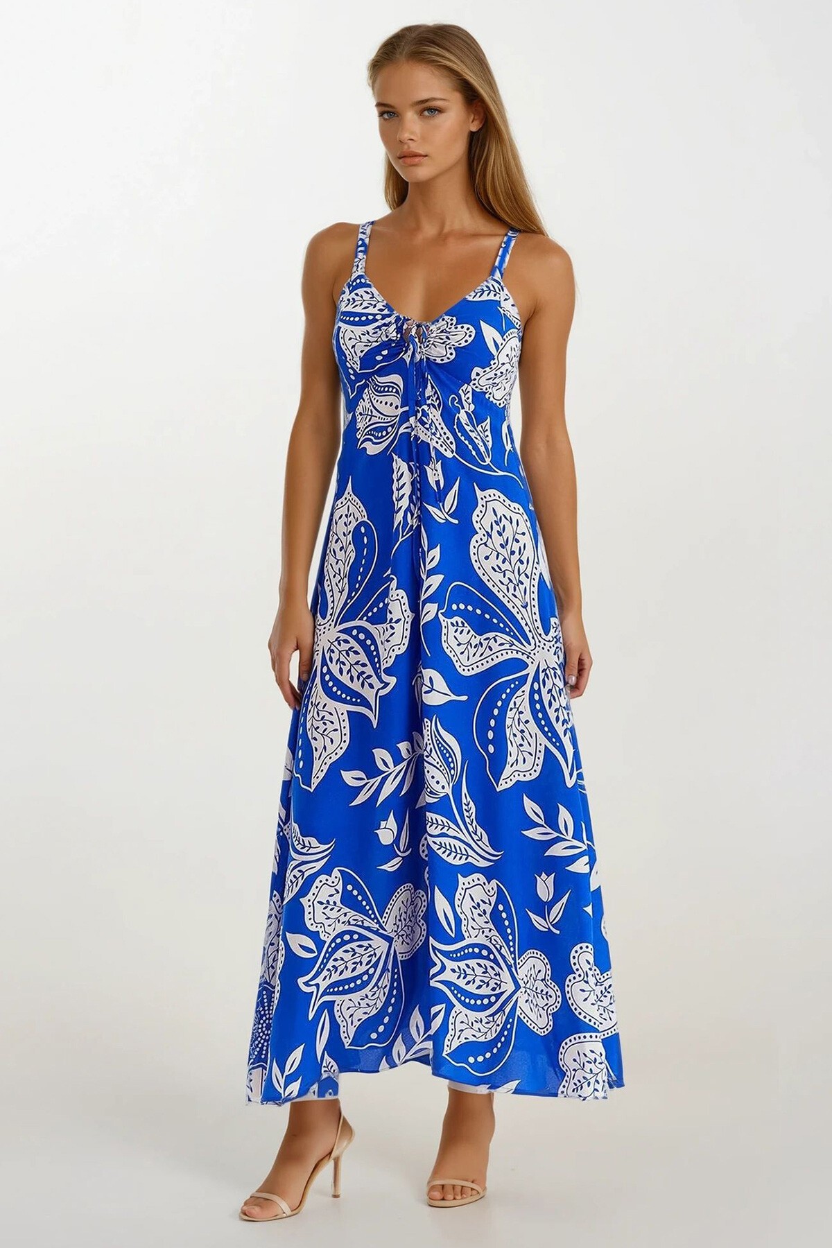 Saks Askılı Bağlama Detaylı Desenli Midi Boy Elbise