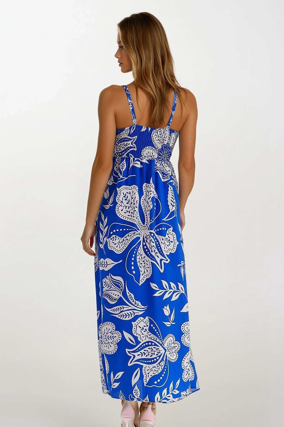 Saks Askılı Bağlama Detaylı Desenli Midi Boy Elbise