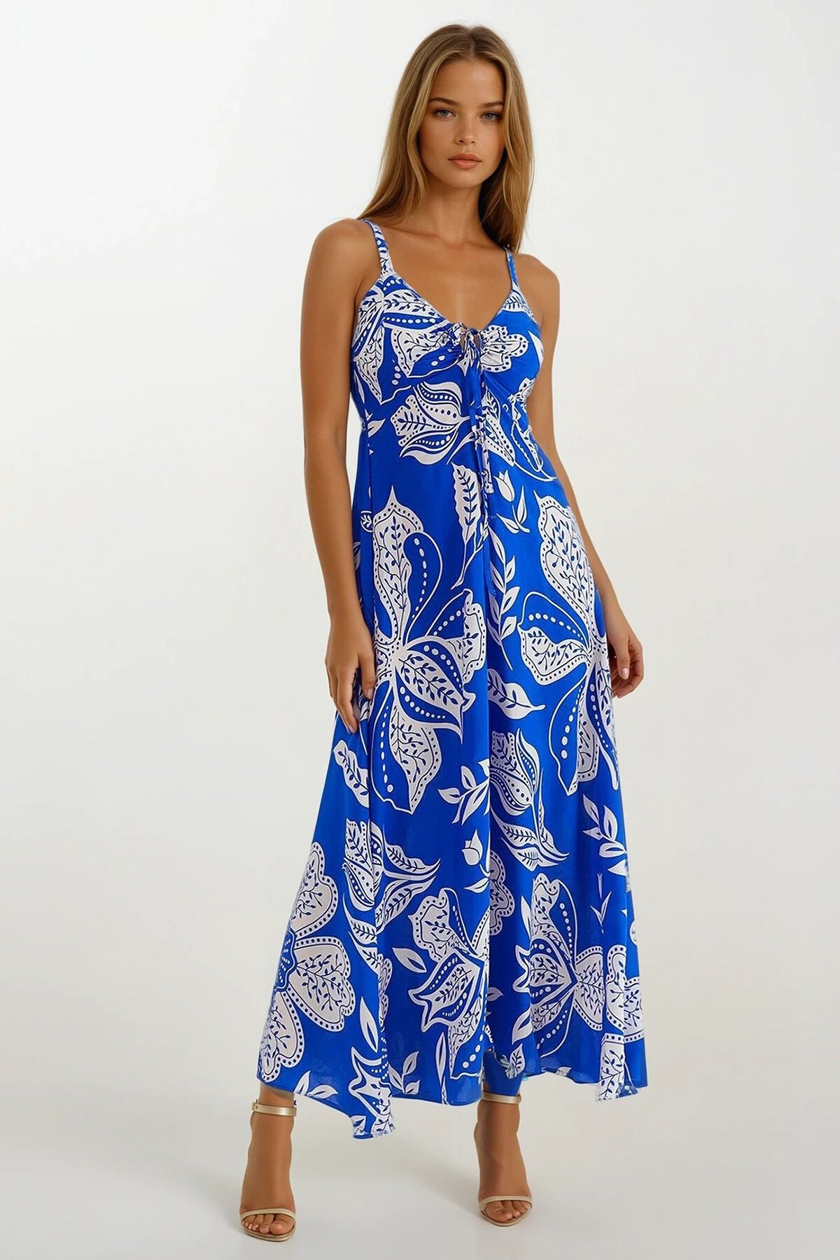 Saks Askılı Bağlama Detaylı Desenli Midi Boy Elbise