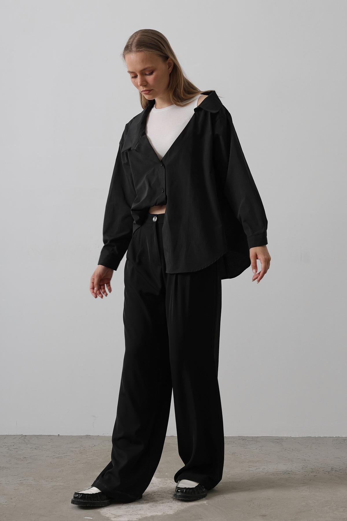 Siyah Bisiklet Yaka Atlet Ve Oversize Gömlek