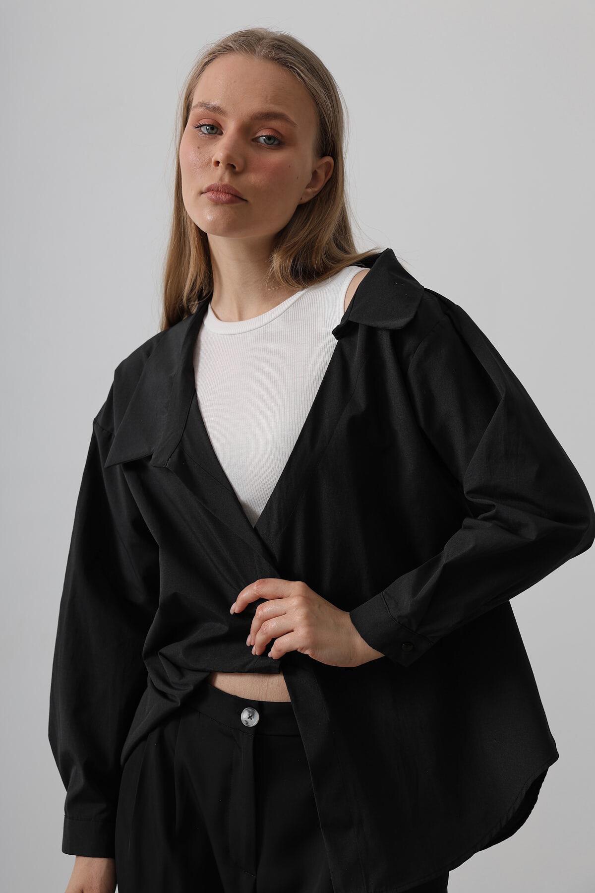 Siyah Bisiklet Yaka Atlet Ve Oversize Gömlek