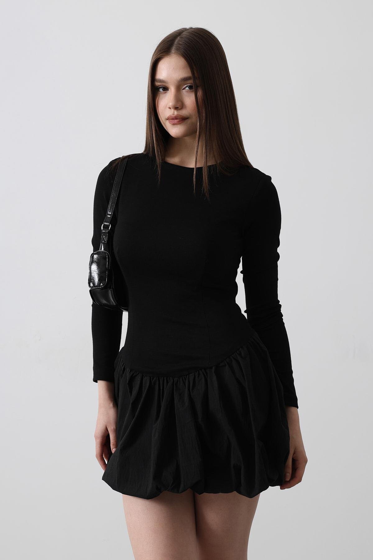 Siyah Bisiklet Yaka Balon Etekli Mini Elbise