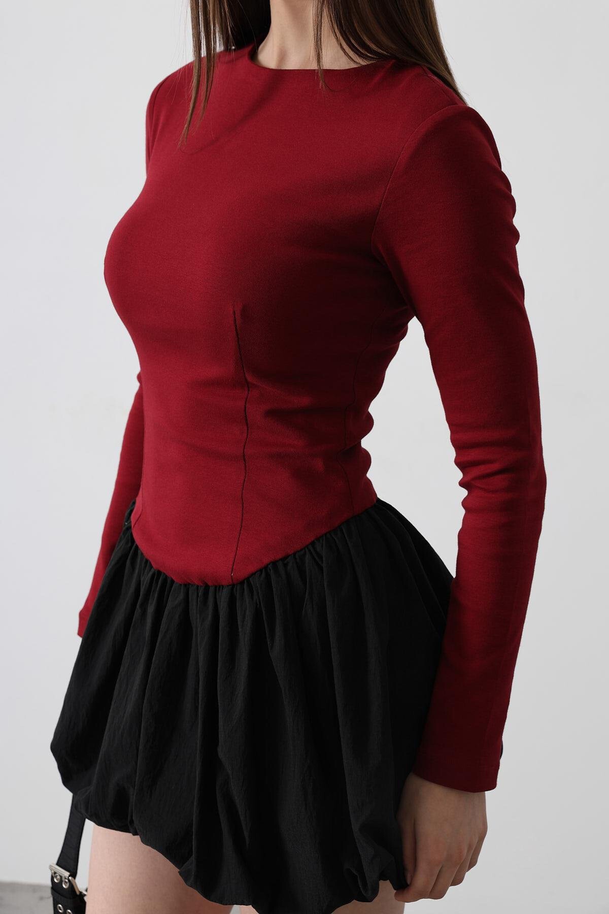 Bordo Bisiklet Yaka Balon Etekli Mini Elbise