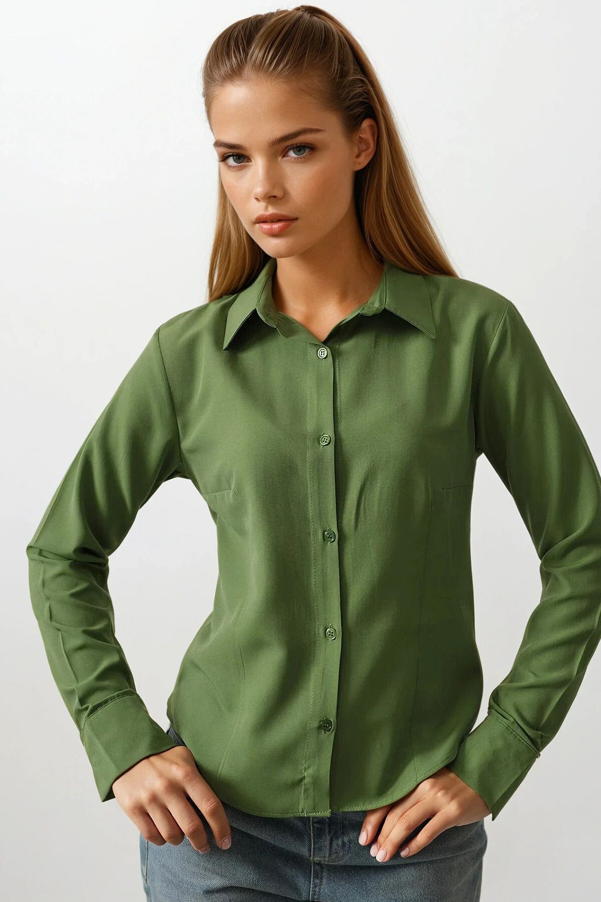 Çağla Yeşili Slim Fit Uzun Kol Basic Gömlek