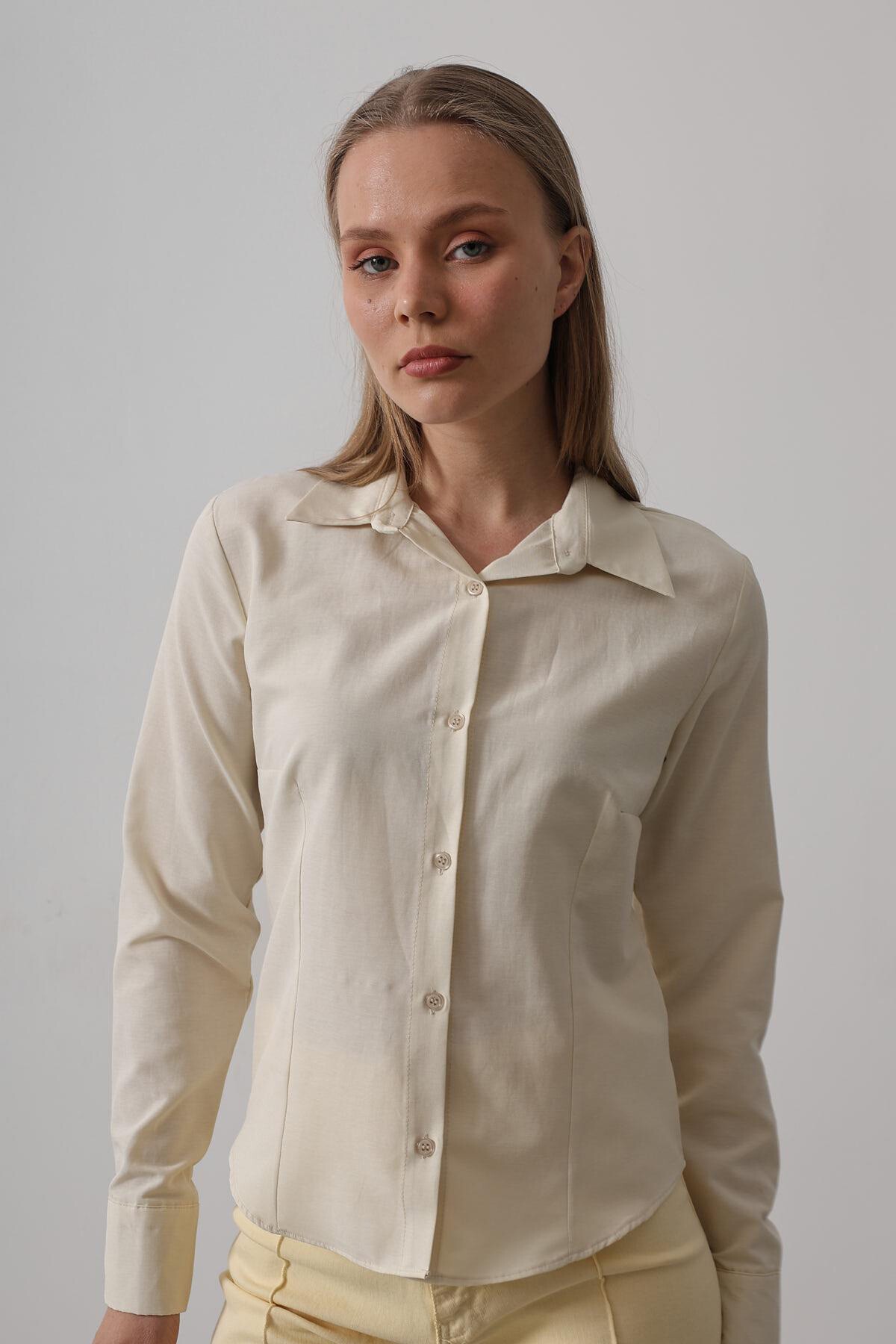 Ekru Slim Fit Uzun Kol Basic Gömlek