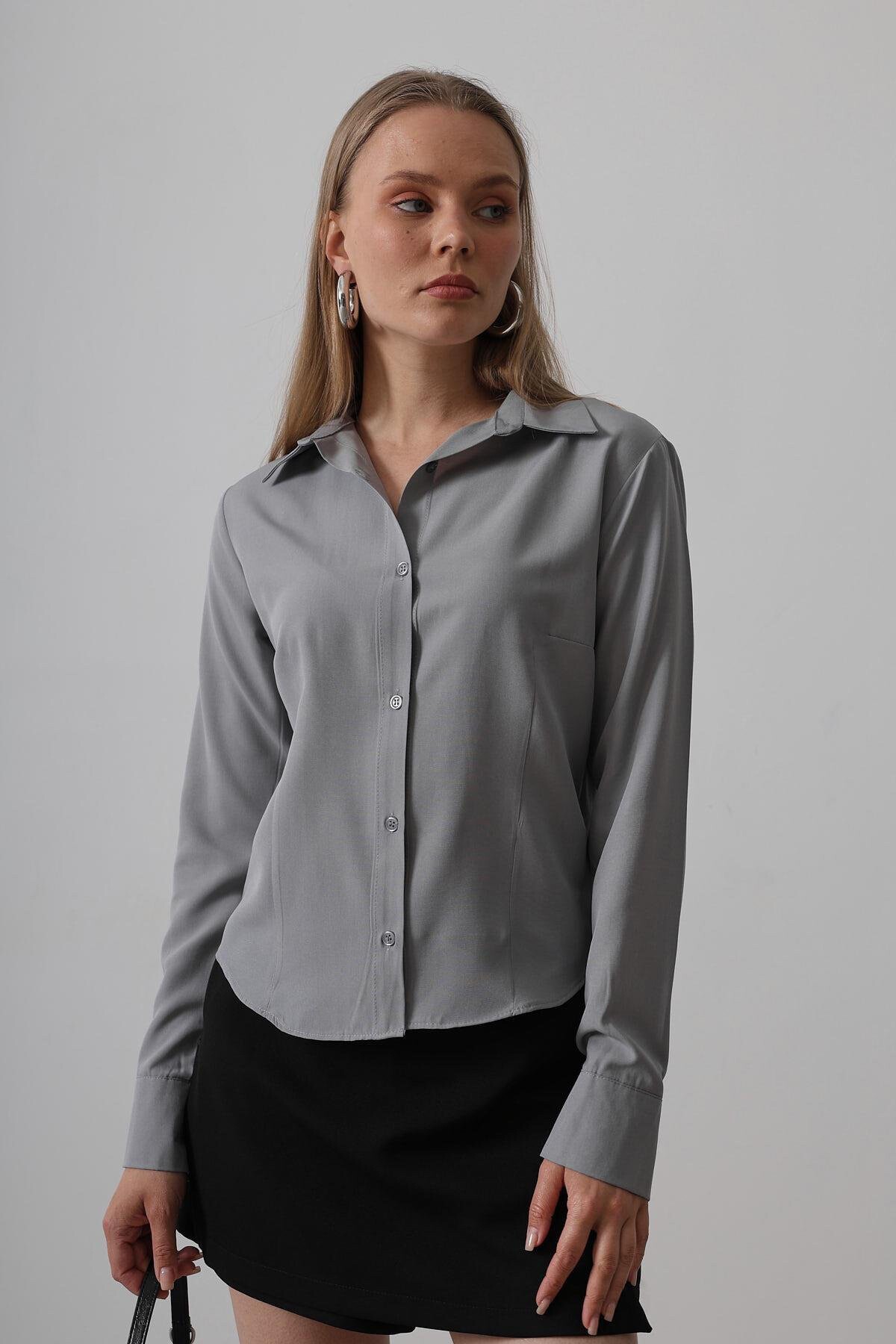 Gri Slim Fit Uzun Kol Basic Gömlek