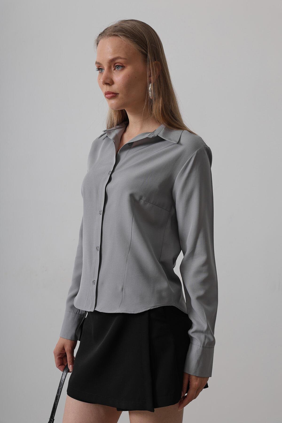 Gri Slim Fit Uzun Kol Basic Gömlek