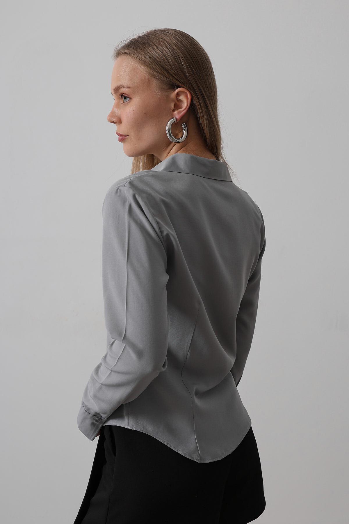 Gri Slim Fit Uzun Kol Basic Gömlek