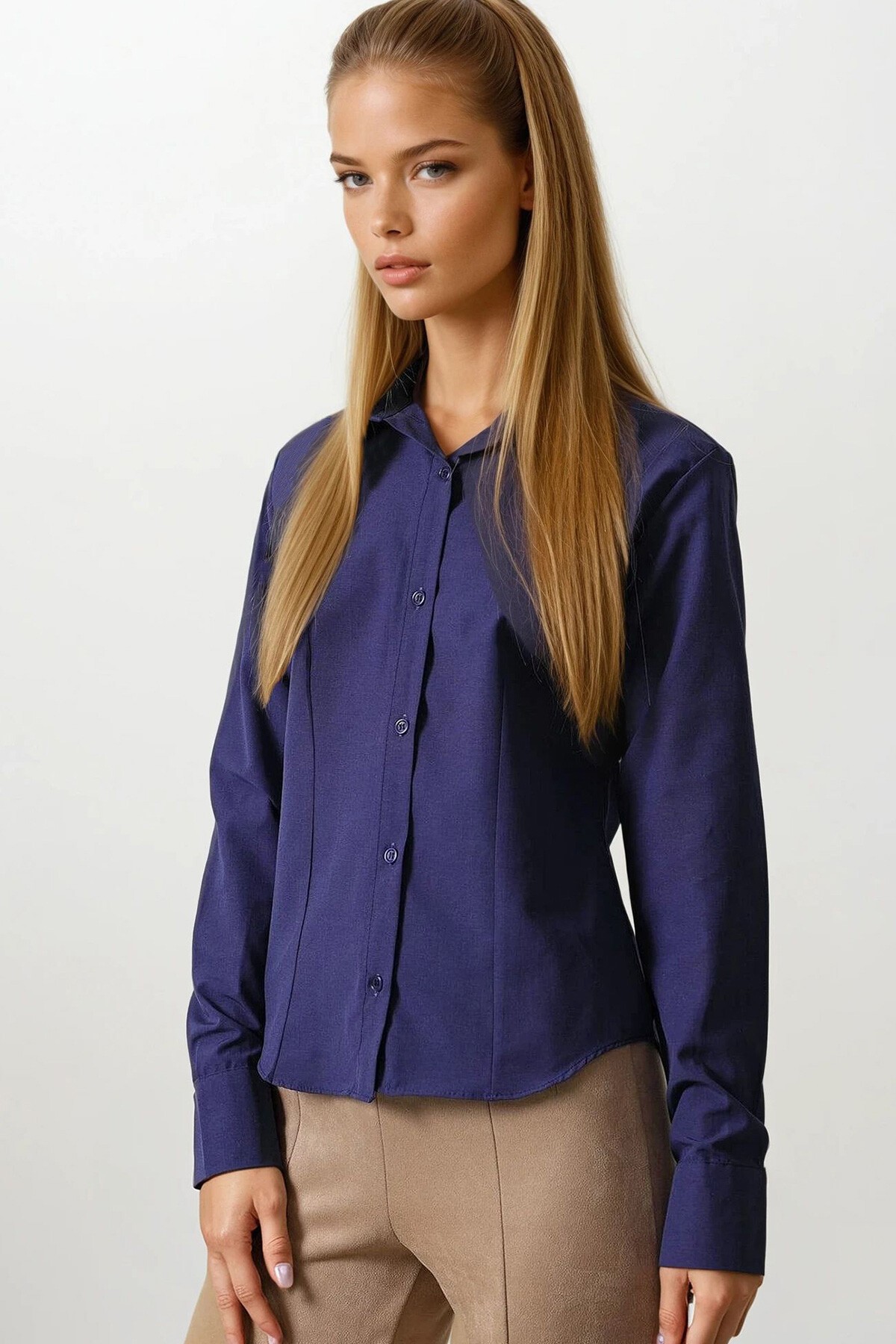 Mor Dikiş Detaylı Slim Fit Basic Gömlek