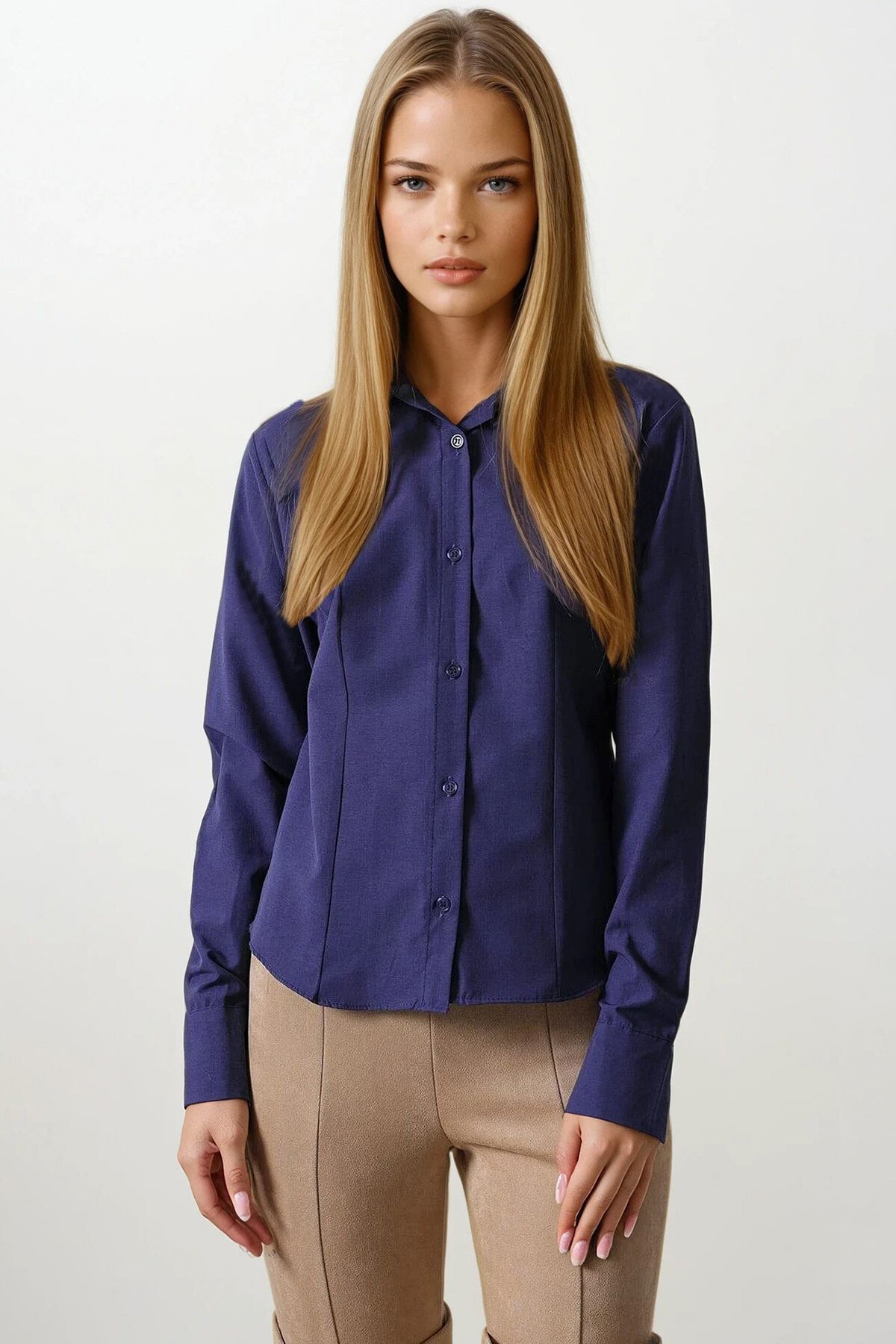 Mor Dikiş Detaylı Slim Fit Basic Gömlek