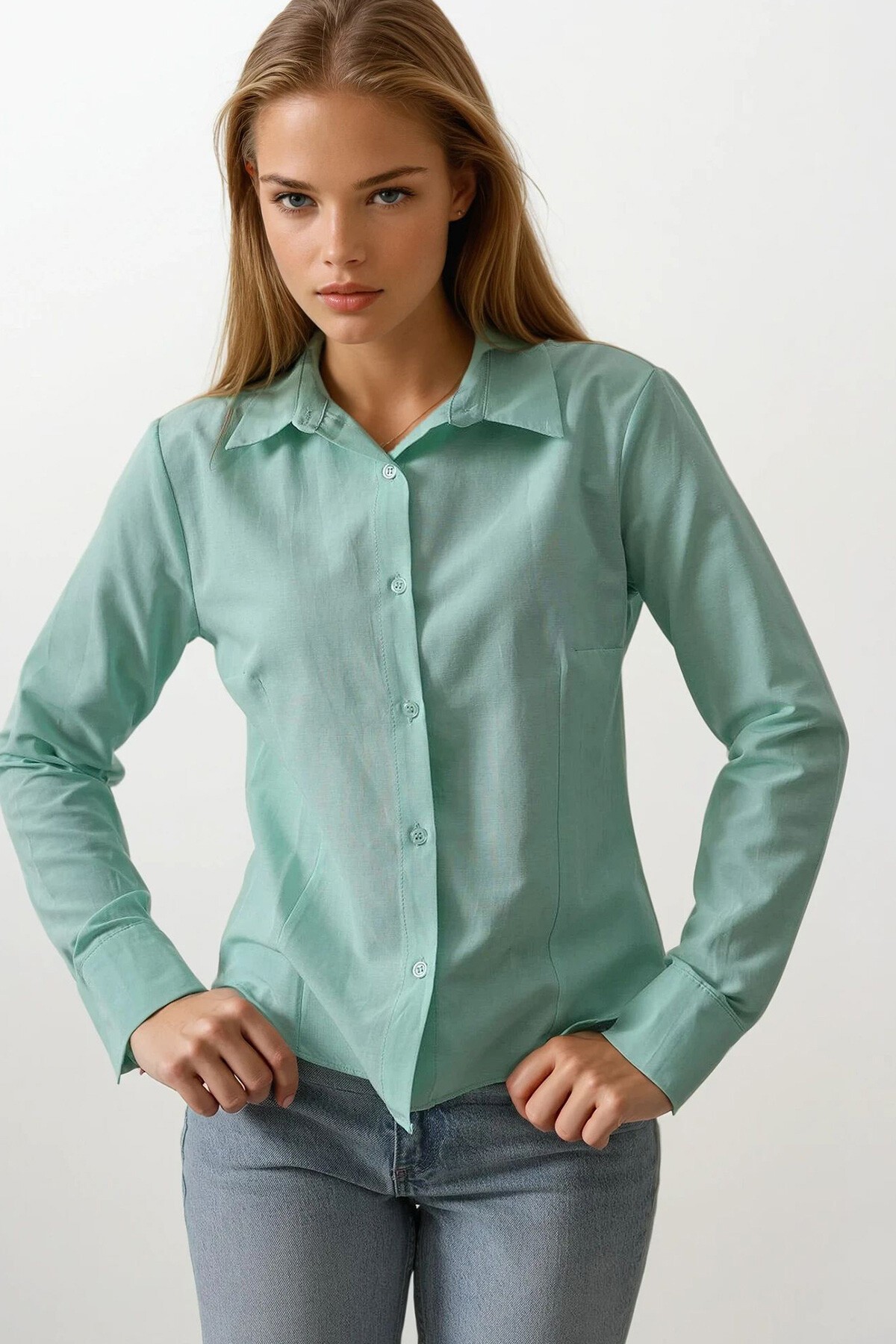 Mint Slim Fit Uzun Kol Basic Gömlek