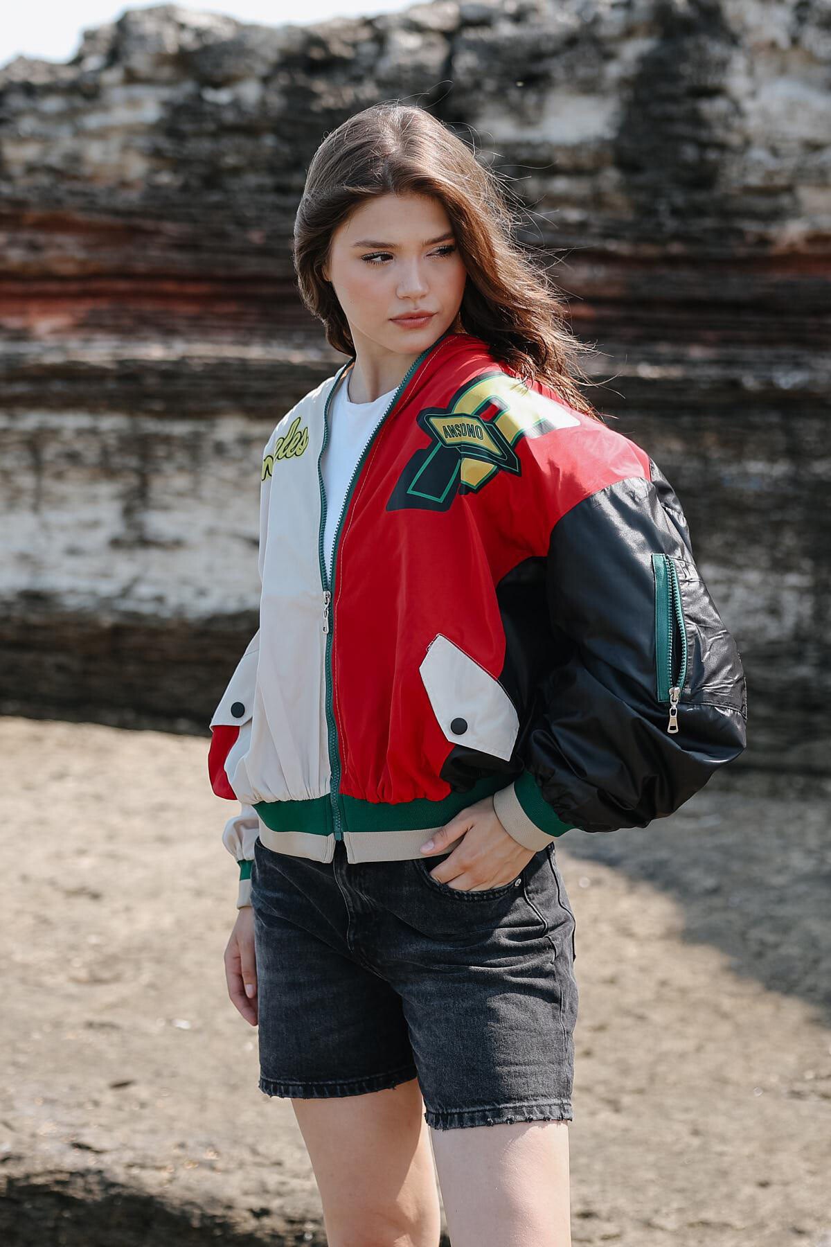 Siyah-Bej Baskılı Astarlı Balon Ceket