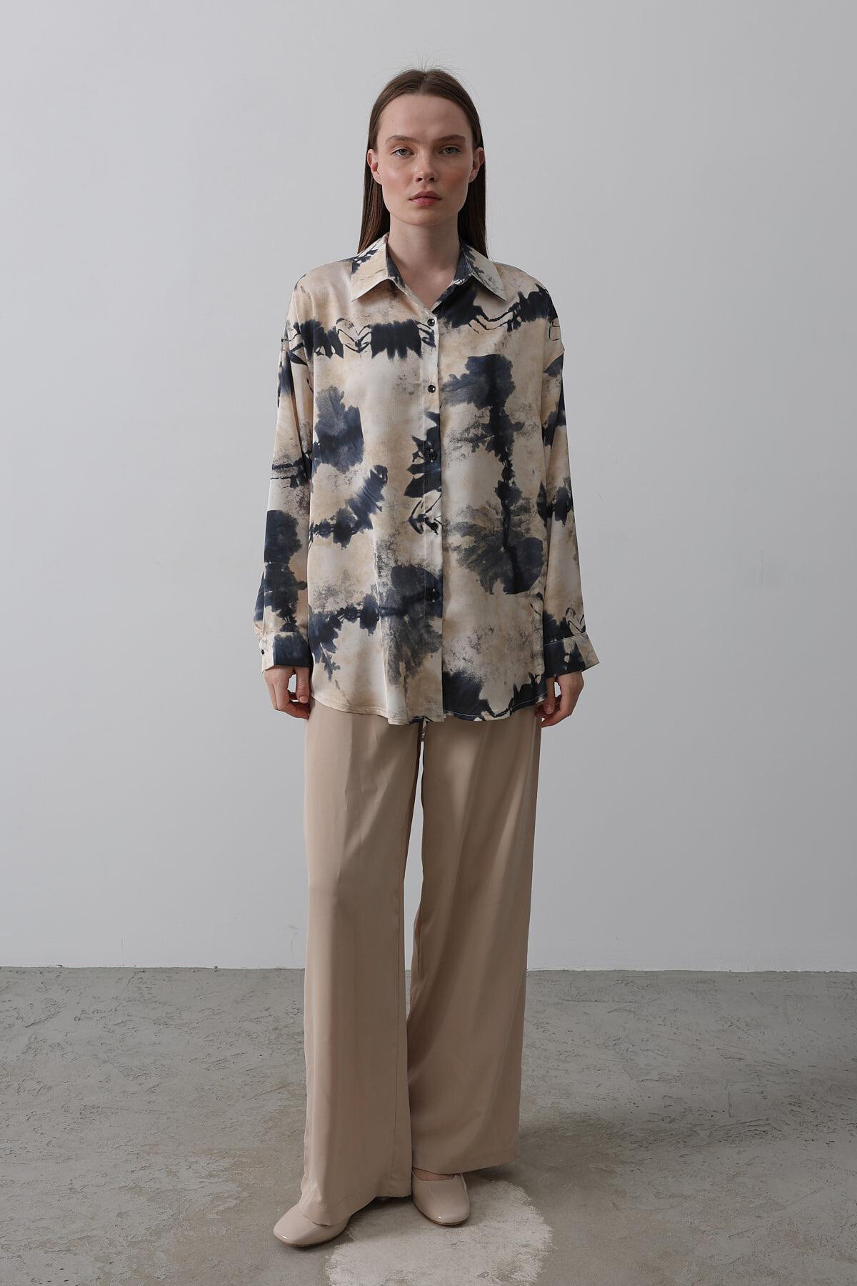 Lacivert Batik Desenli Oversize Gömlek