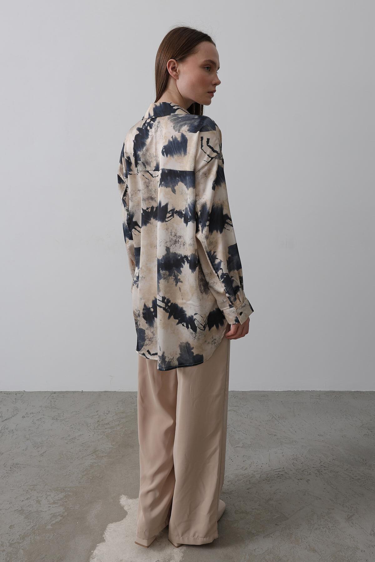 Lacivert Batik Desenli Oversize Gömlek