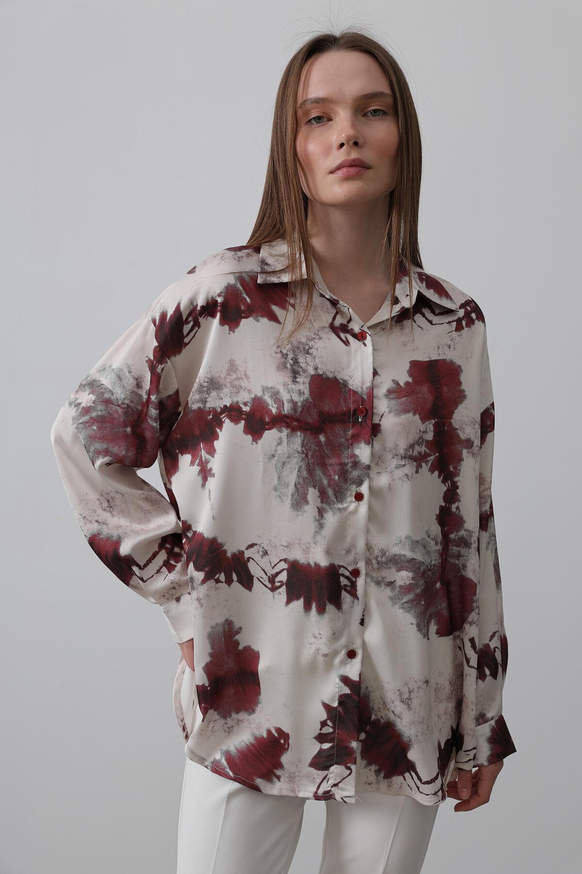 Bordo Batik Desenli Oversize Gömlek