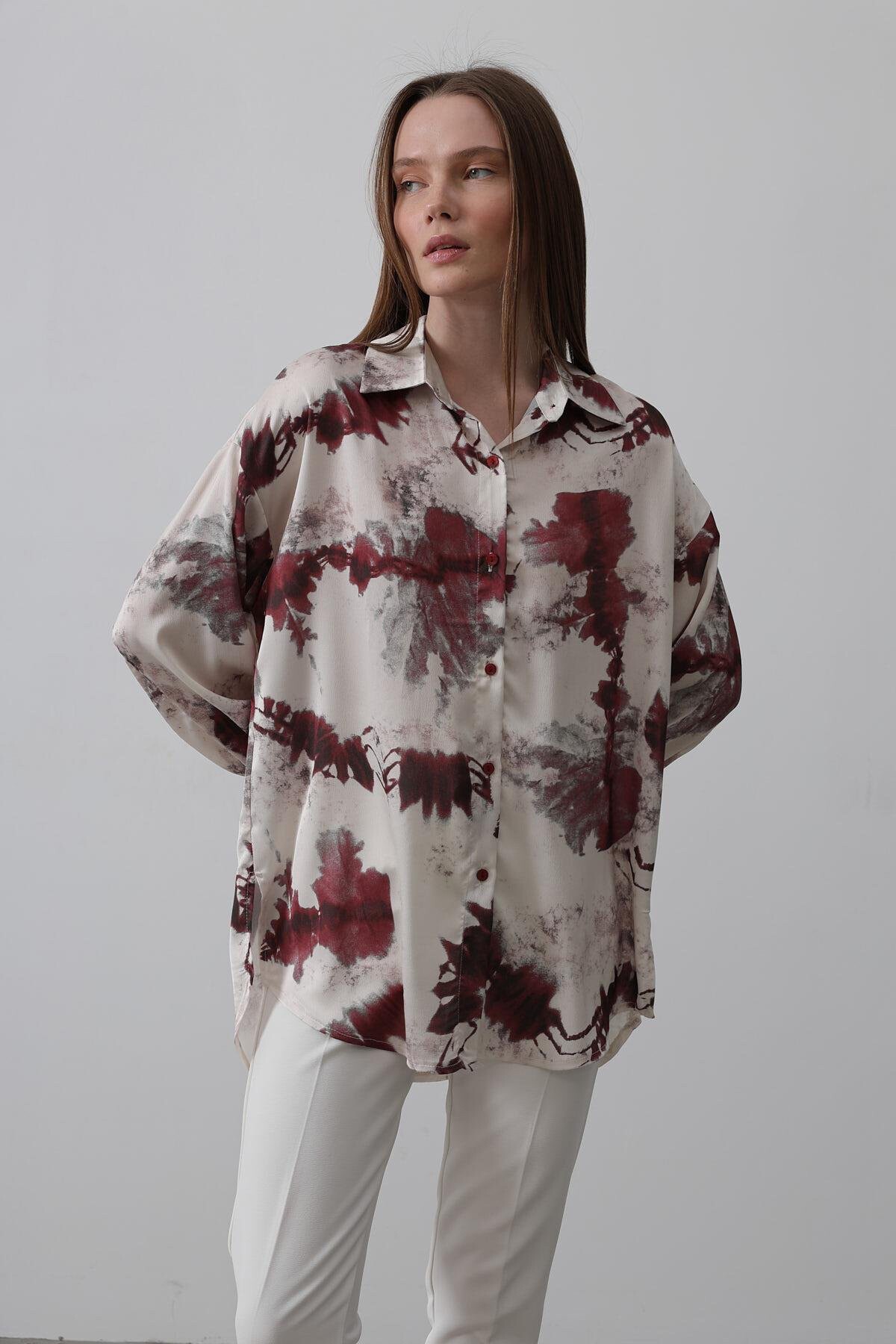 Bordo Batik Desenli Oversize Gömlek
